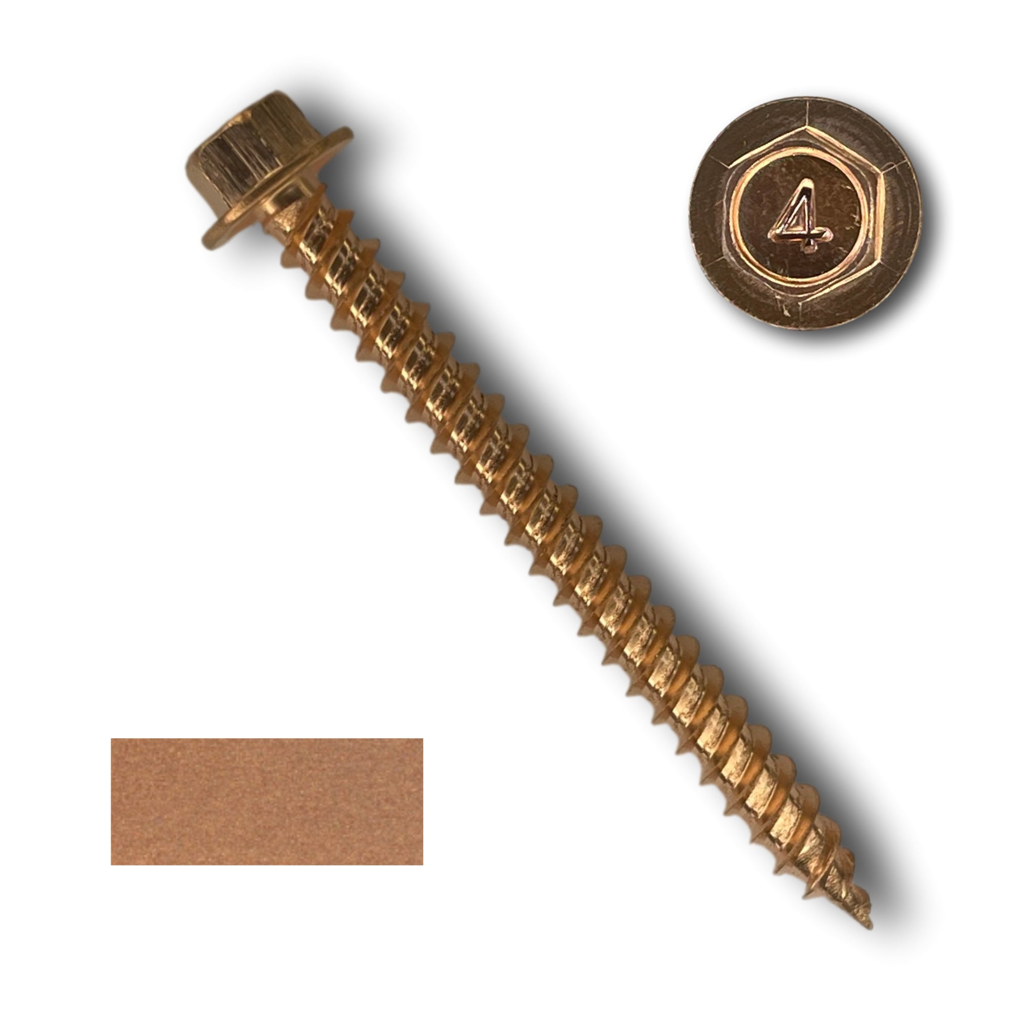 A number 10 diameter Copper Plated Sheet Metal Screw that is 2 inches long. There is a copper color swatch in the bottom left corner.
