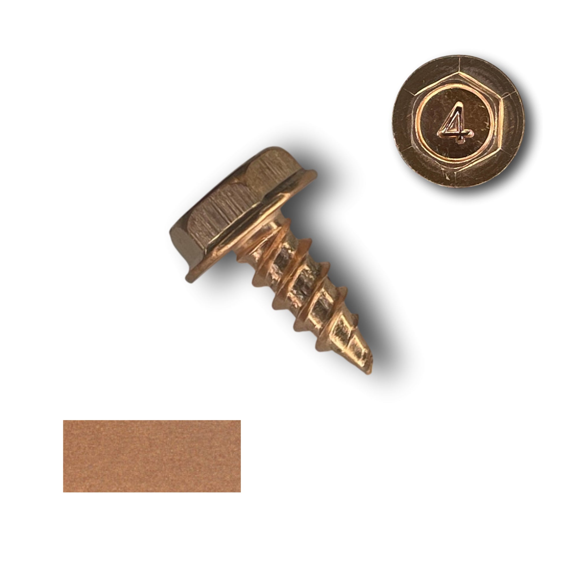 A number 6 diameter Copper Plated Sheet Metal Screw that is 3/8 inches long. There is a copper color swatch in the bottom left corner.
