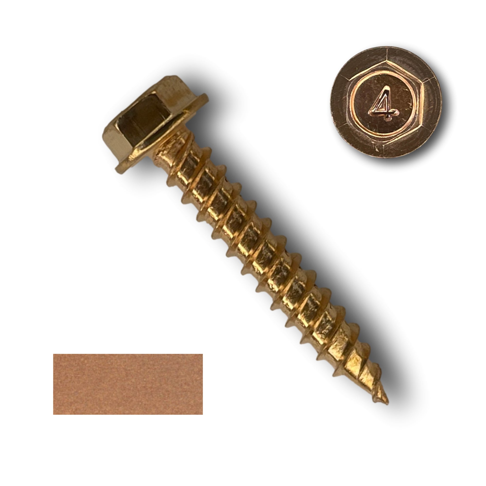 A number 8 diameter Copper Plated Sheet Metal Screw that is 1 inch long. There is a copper color swatch in the bottom left corner.