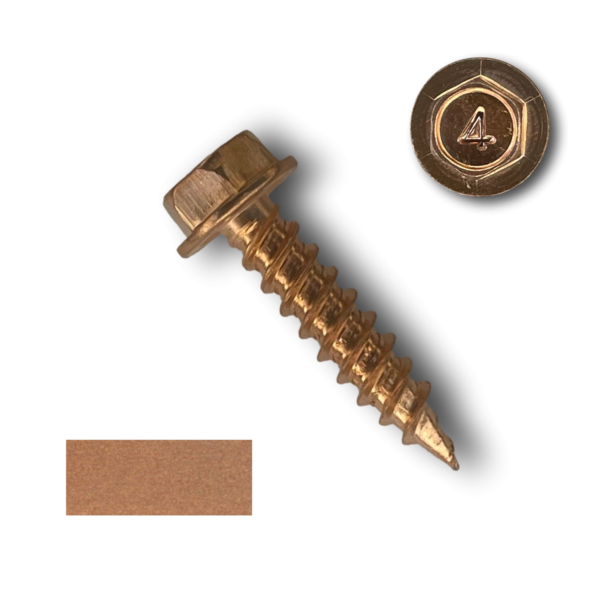 A number 8 diameter Copper Plated Sheet Metal Screw that is 3/4 inches long. There is a copper color swatch in the bottom left corner.