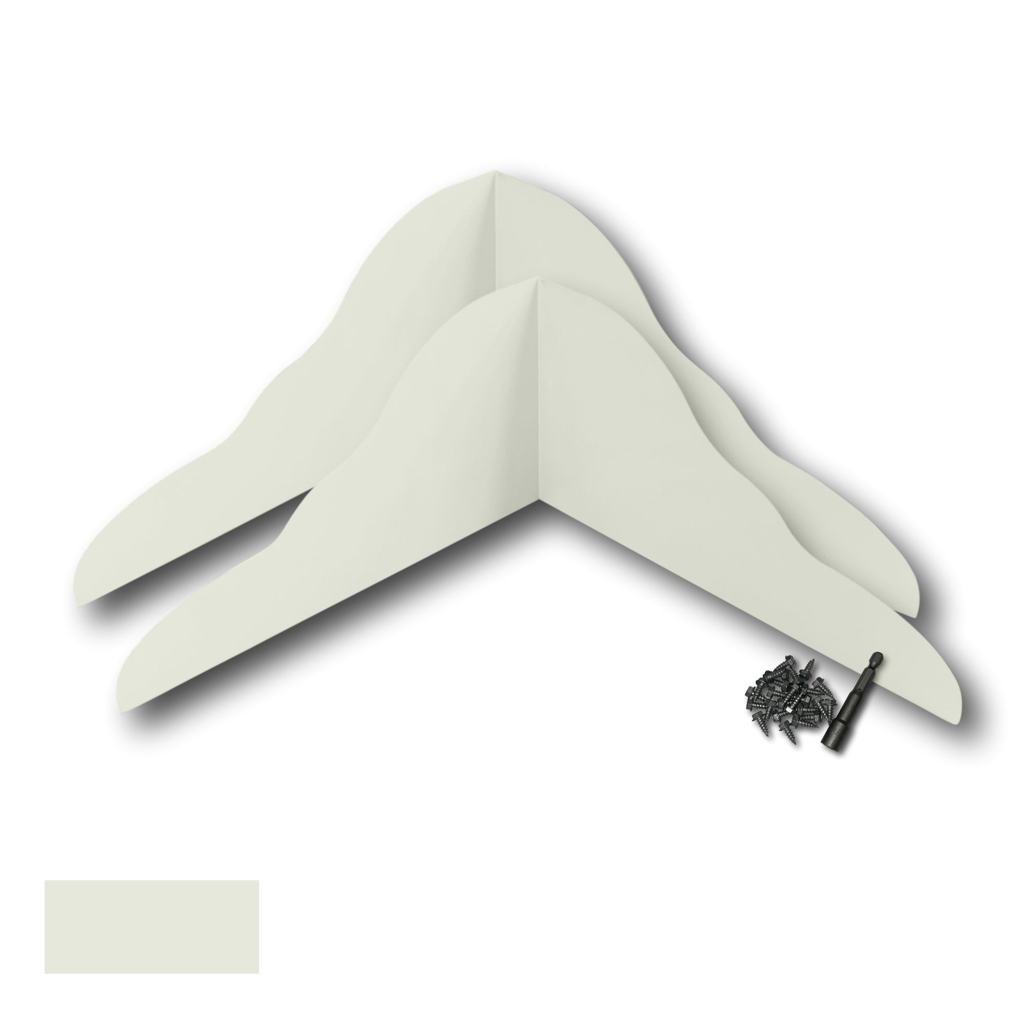 Two Rain Gutter Valley Splash Guards displayed with several sheet metal screws and a magnetic hex bit driver. There is a color swatch in the bottom left corner. The Splash Guards are Decorative Bent in size, and Almond in color.