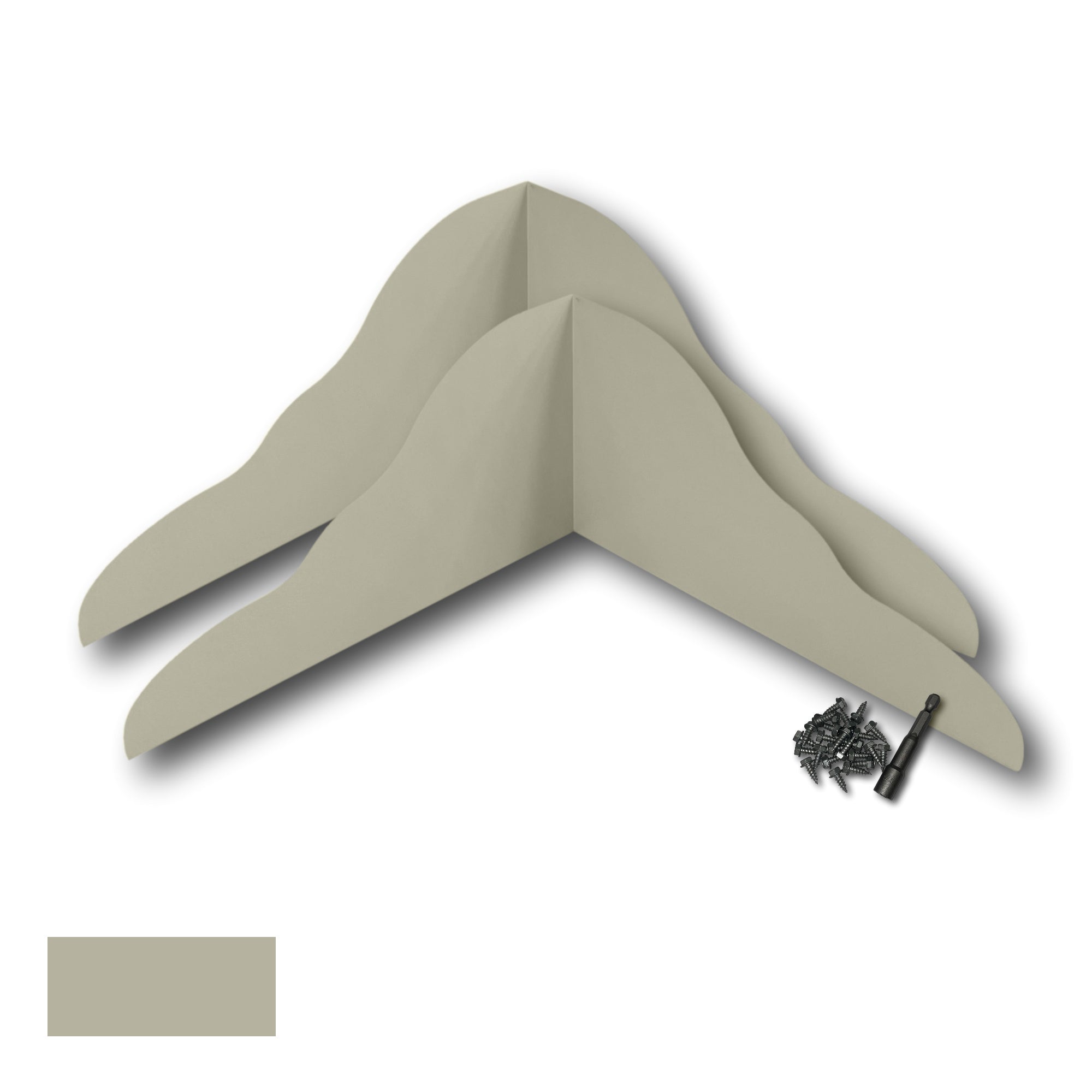 Two Rain Gutter Valley Splash Guards displayed with several sheet metal screws and a magnetic hex bit driver. There is a color swatch in the bottom left corner. The Splash Guards are Decorative Bent in size, and Clay in color.