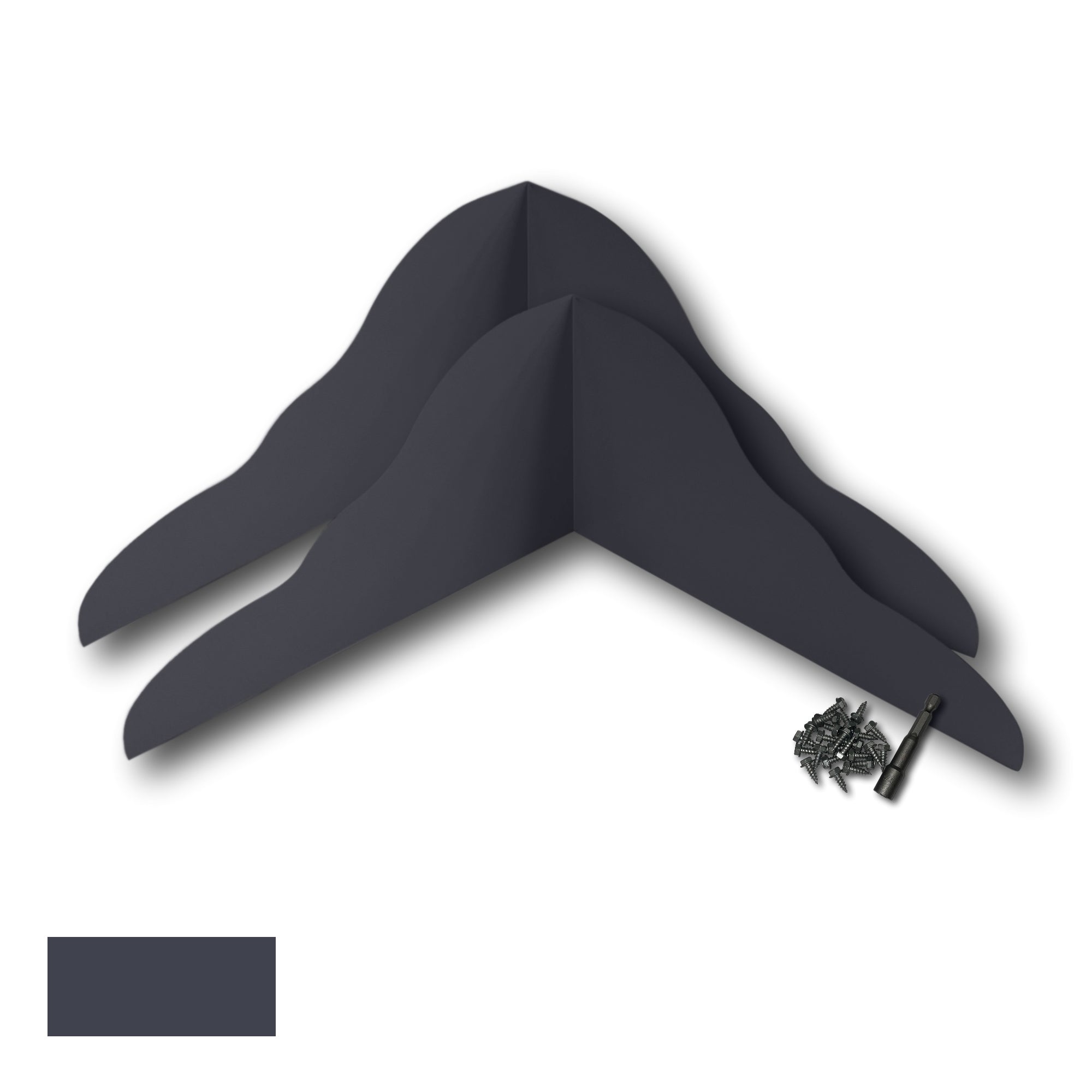 Two Rain Gutter Valley Splash Guards displayed with several sheet metal screws and a magnetic hex bit driver. There is a color swatch in the bottom left corner. The Splash Guards are Decorative Bent in size, and Dark Bronze in color.