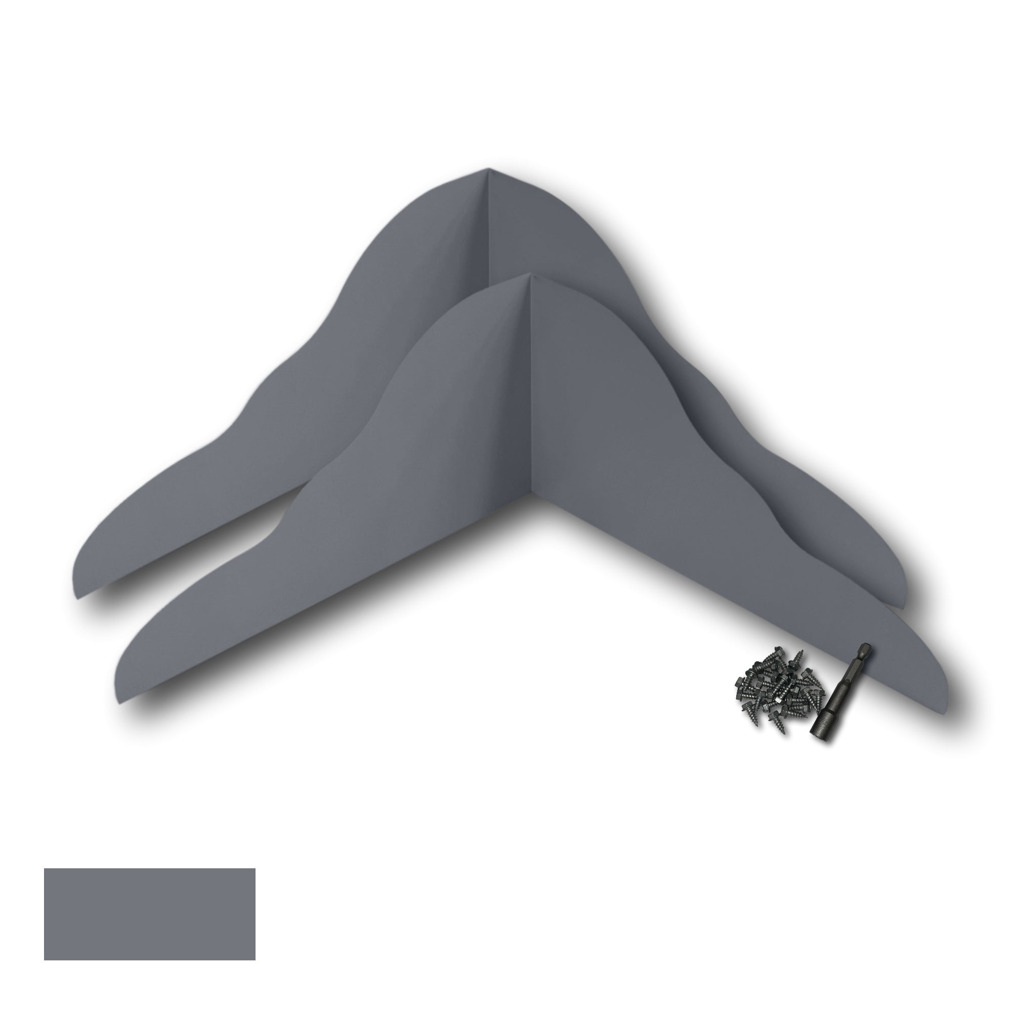 Two Rain Gutter Valley Splash Guards displayed with several sheet metal screws and a magnetic hex bit driver. There is a color swatch in the bottom left corner. The Splash Guards are Decorative Bent in size, and Dark Gray in color.