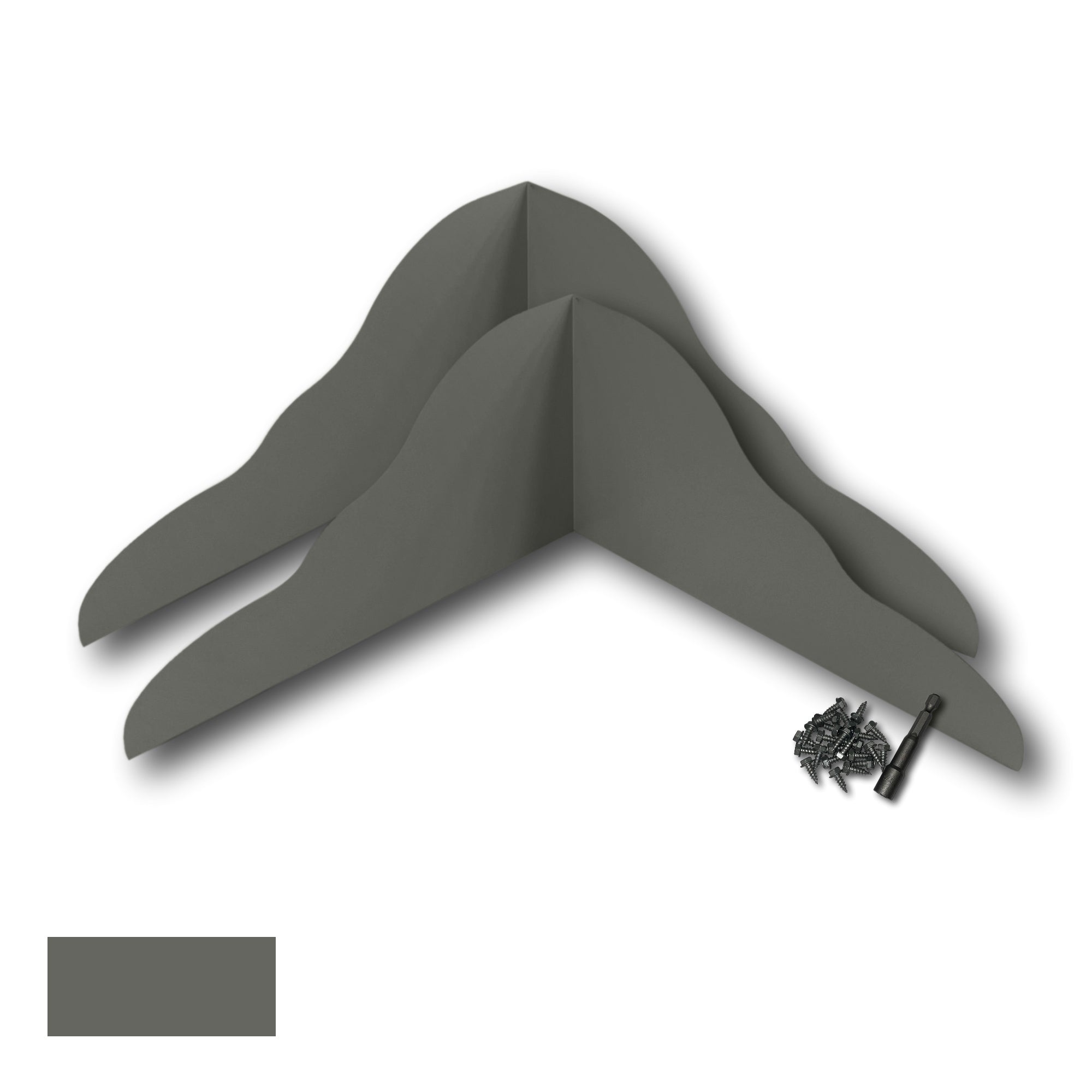 Two Rain Gutter Valley Splash Guards displayed with several sheet metal screws and a magnetic hex bit driver. There is a color swatch in the bottom left corner. The Splash Guards are Decorative Bent in size, and Light Bronze in color.