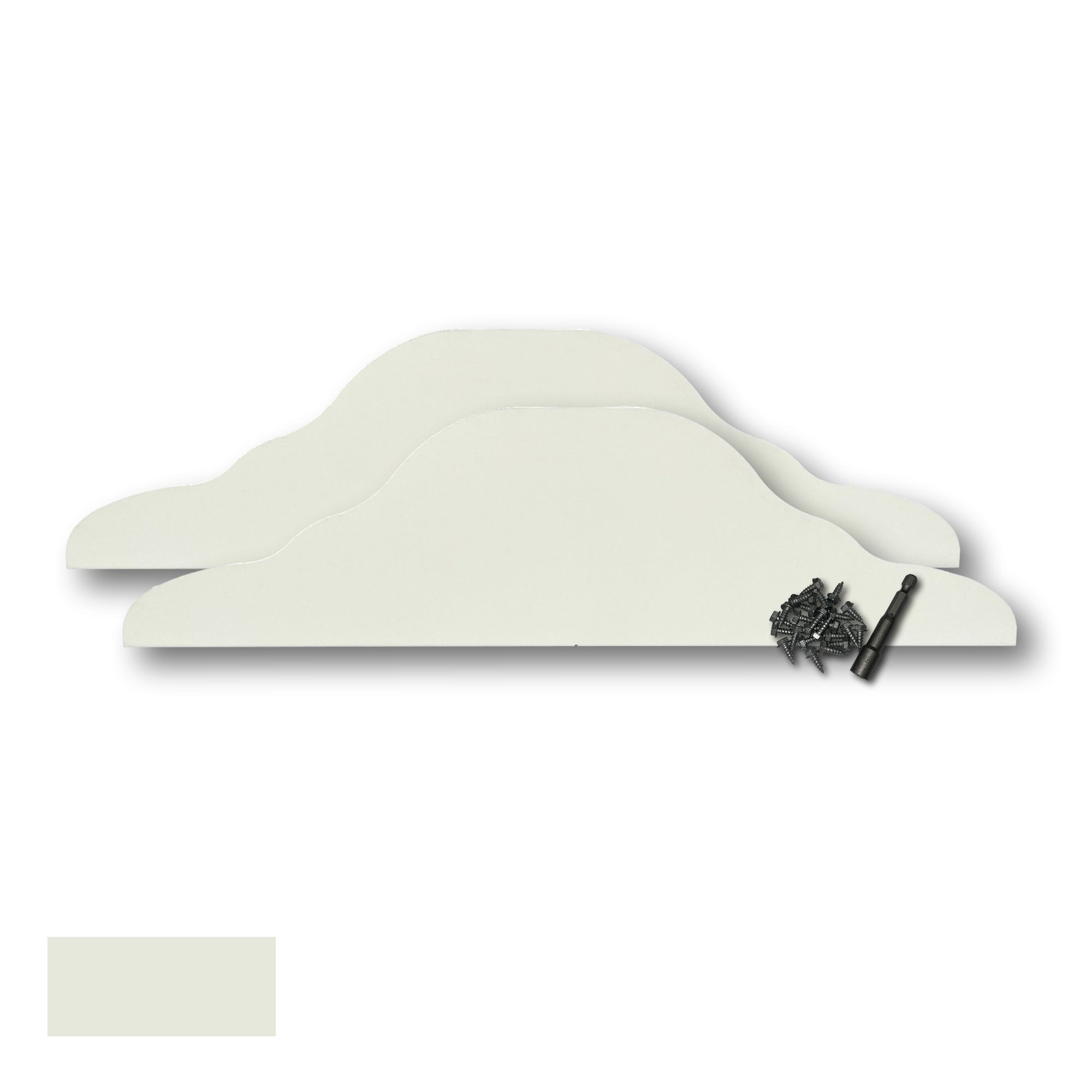 Two Rain Gutter Valley Splash Guards displayed with several sheet metal screws and a magnetic hex bit driver. There is a color swatch in the bottom left corner. The Splash Guards are Decorative Straight in size, and Almond in color.