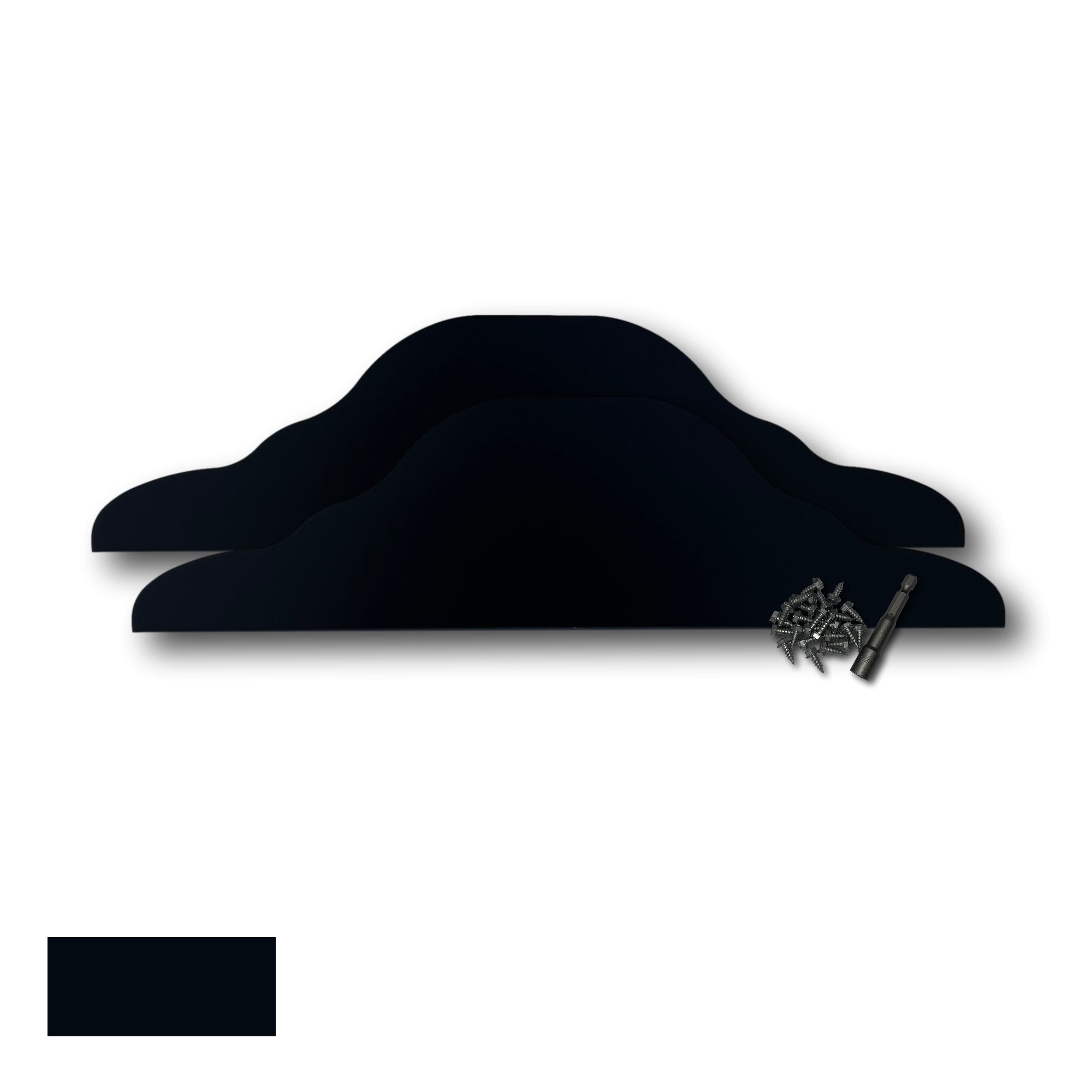 Two Rain Gutter Valley Splash Guards displayed with several sheet metal screws and a magnetic hex bit driver. There is a color swatch in the bottom left corner. The Splash Guards are Decorative Straight in size, and Black in color.