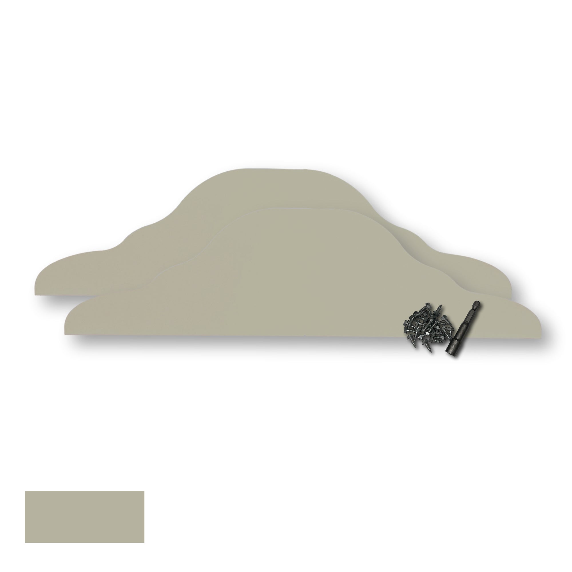 Two Rain Gutter Valley Splash Guards displayed with several sheet metal screws and a magnetic hex bit driver. There is a color swatch in the bottom left corner. The Splash Guards are Decorative Straight in size, and Clay in color.