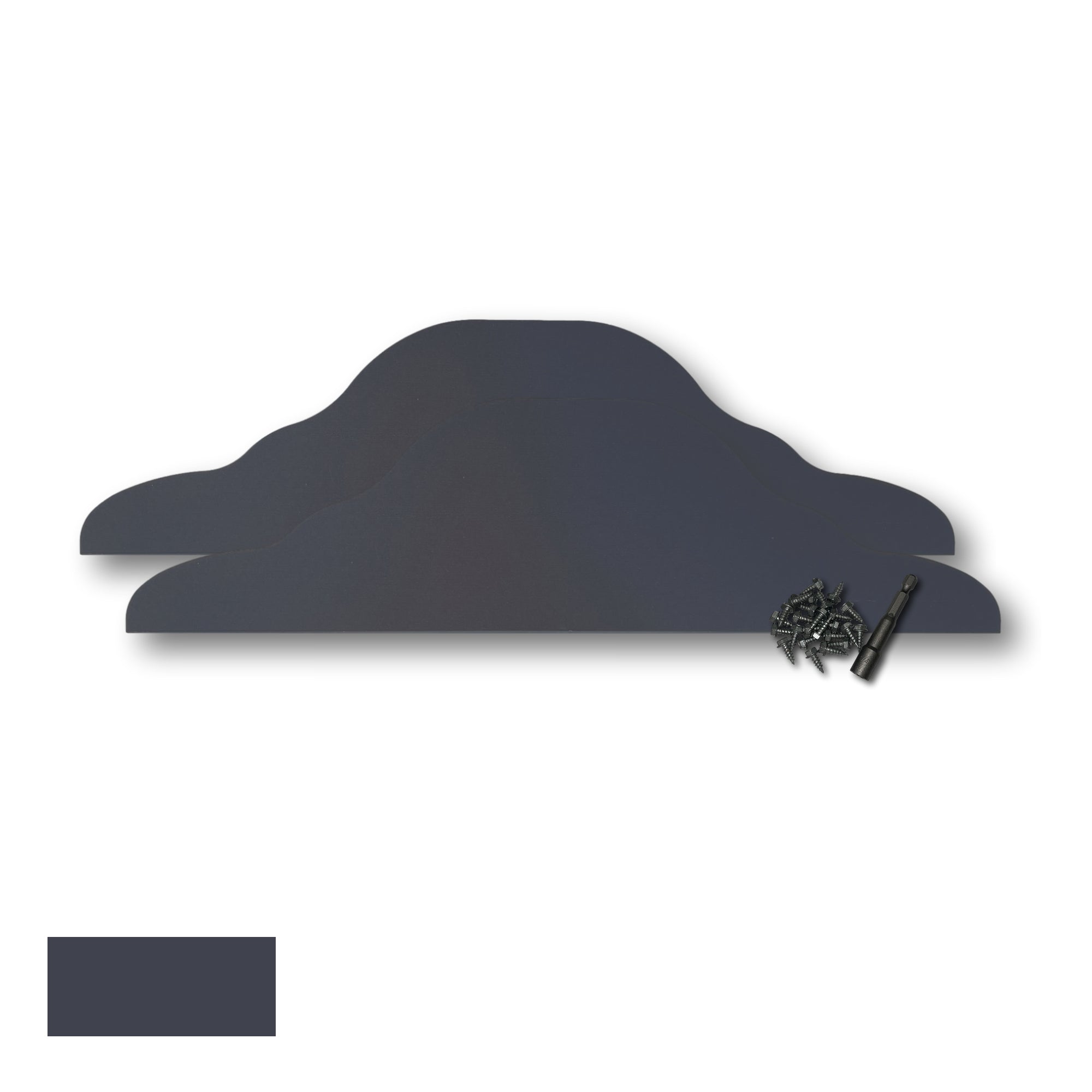 Two Rain Gutter Valley Splash Guards displayed with several sheet metal screws and a magnetic hex bit driver. There is a color swatch in the bottom left corner. The Splash Guards are Decorative Straight in size, and Dark Bronze in color.