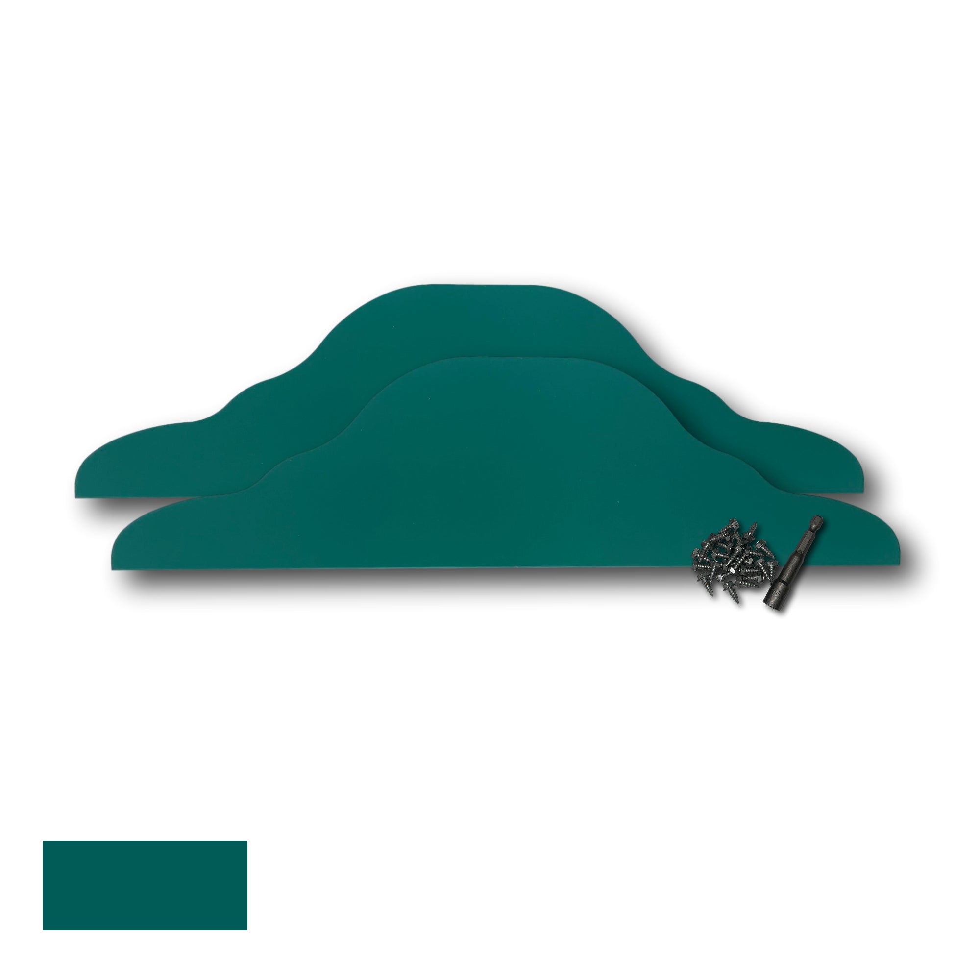 Two Rain Gutter Valley Splash Guards displayed with several sheet metal screws and a magnetic hex bit driver. There is a color swatch in the bottom left corner. The Splash Guards are Decorative Straight in size, and Grecian Green in color.