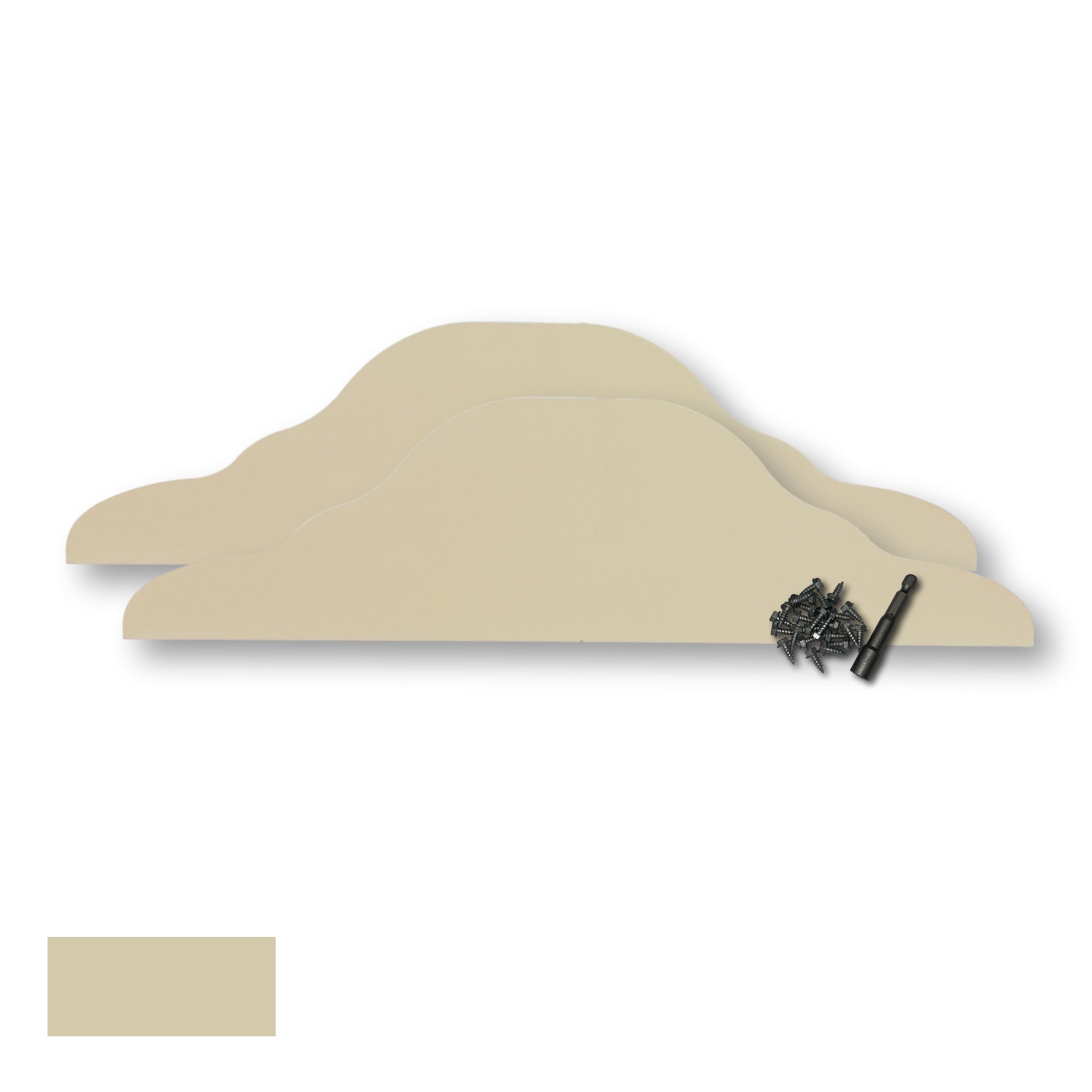 Two Rain Gutter Valley Splash Guards displayed with several sheet metal screws and a magnetic hex bit driver. There is a color swatch in the bottom left corner. The Splash Guards are Decorative Straight in size, and Ivory in color.