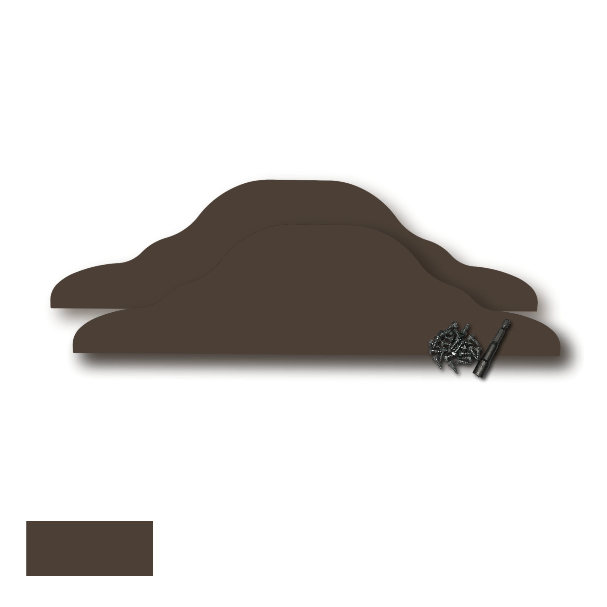 Two Rain Gutter Valley Splash Guards displayed with several sheet metal screws and a magnetic hex bit driver. There is a color swatch in the bottom left corner. The Splash Guards are Decorative Straight in size, and Musket Brown in color.