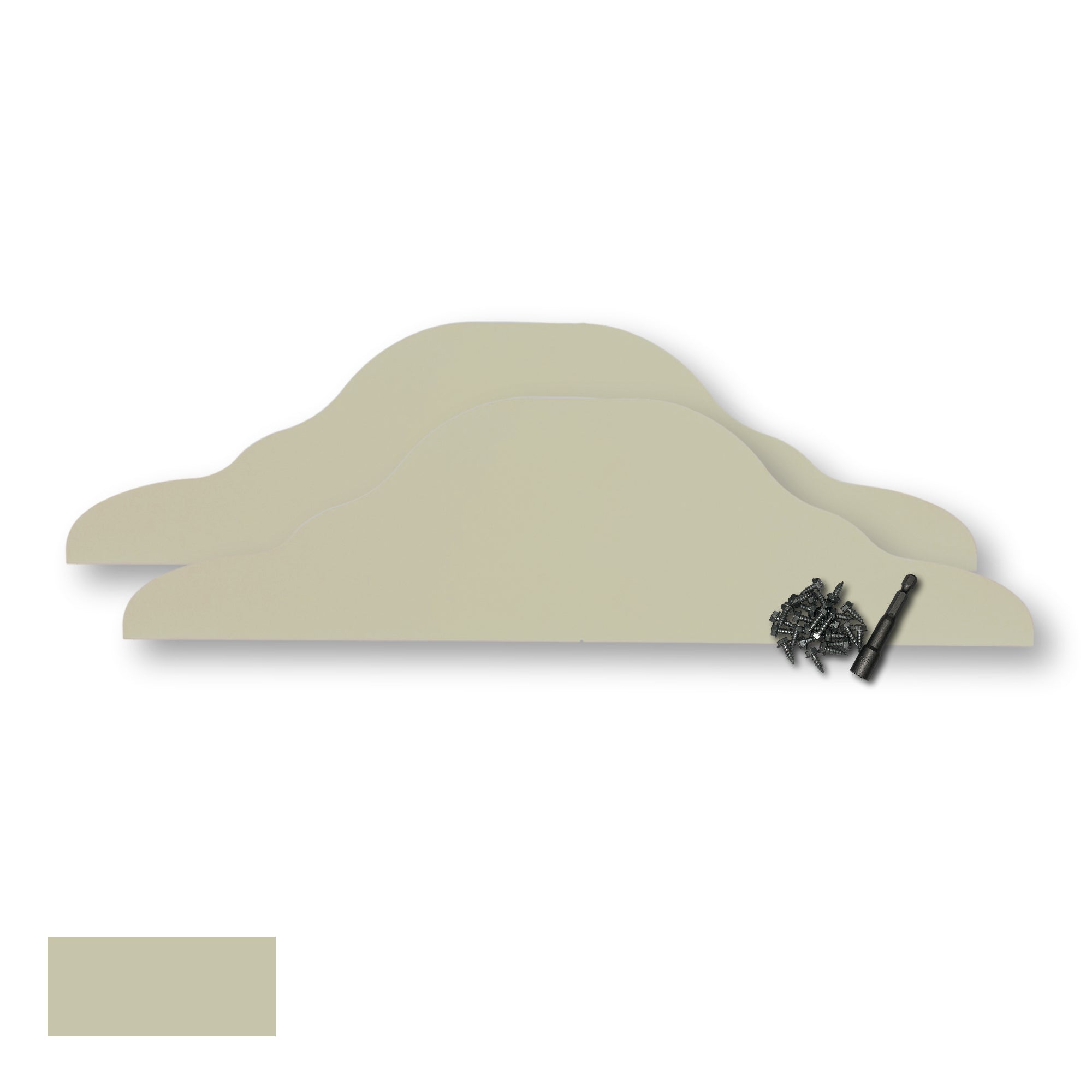 Two Rain Gutter Valley Splash Guards displayed with several sheet metal screws and a magnetic hex bit driver. There is a color swatch in the bottom left corner. The Splash Guards are Decorative Straight in size, and Wicker in color.