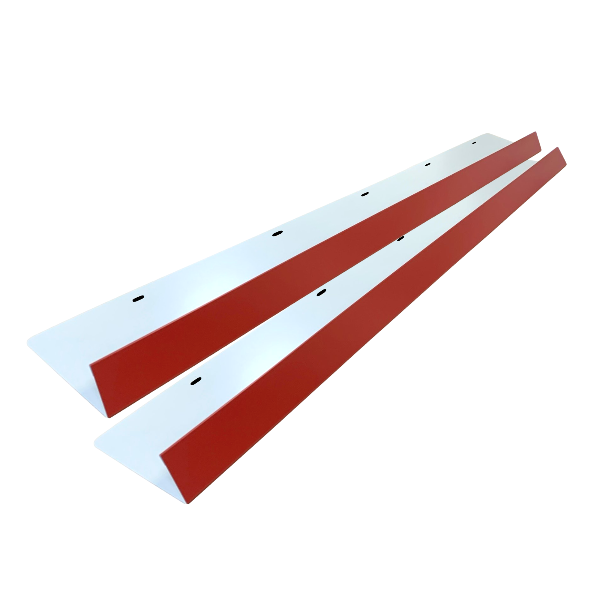 A two-pack of shingle roof rain diverters that are meant to install over door ways and windows to divert rain water. The rain diverters are made of 26 gauge painted steel and are Bright Red in color.