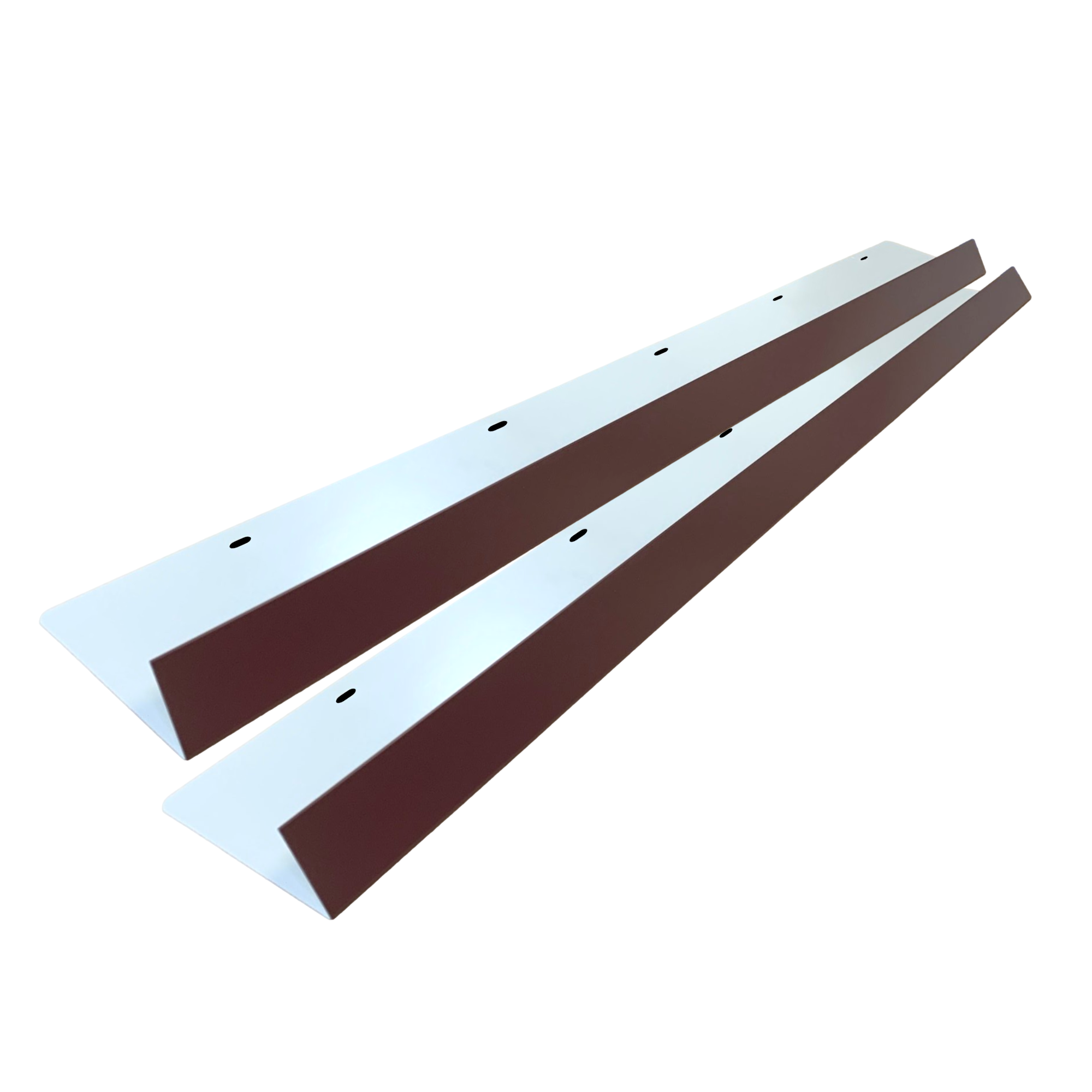 A two-pack of shingle roof rain diverters that are meant to install over door ways and windows to divert rain water. The rain diverters are made of 26 gauge painted steel and are Burgundy in color.