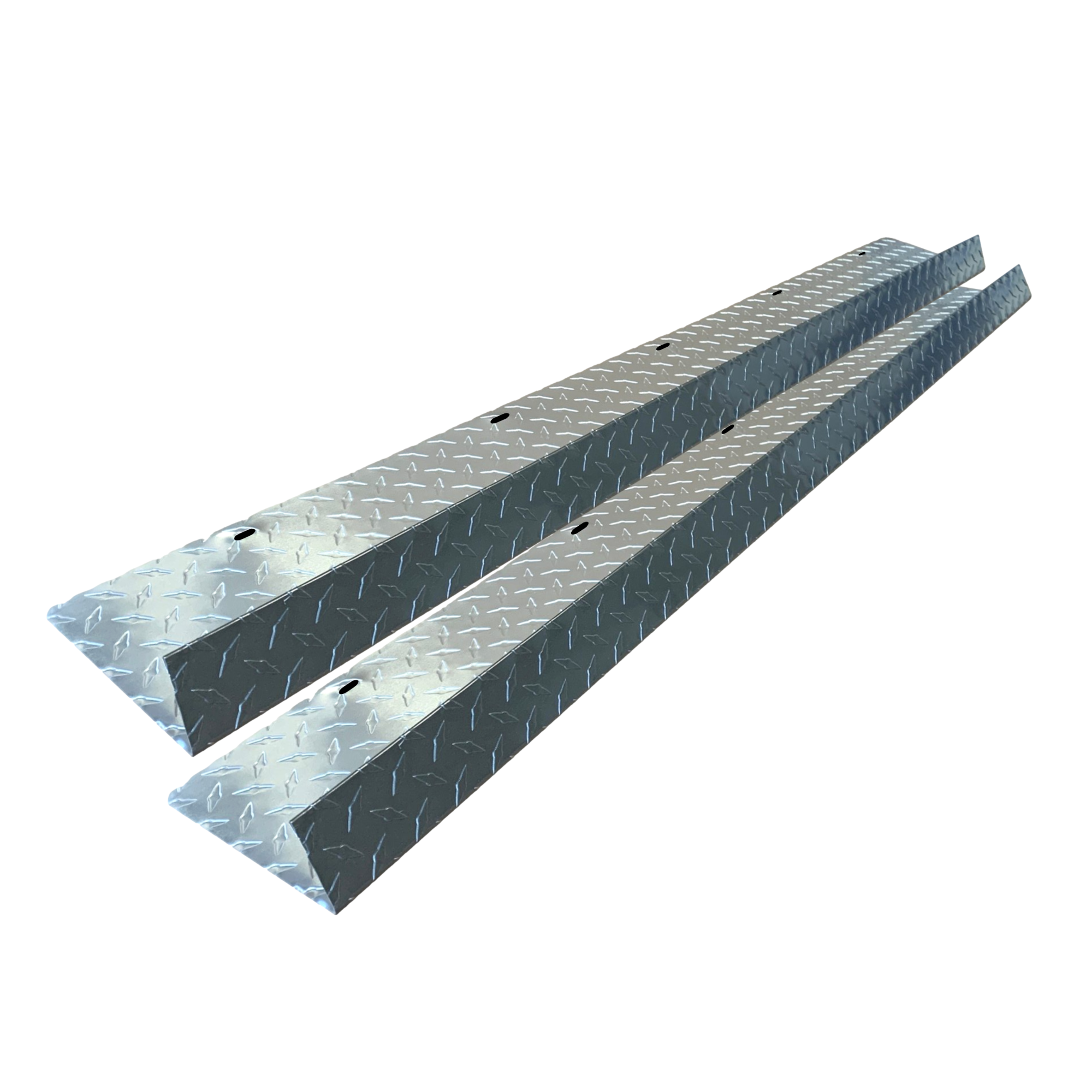 A two-pack of shingle roof rain diverters that are meant to install over door ways and windows to divert rain water. The rain diverters are made of aluminum diamond tread plate and are Gray in color.