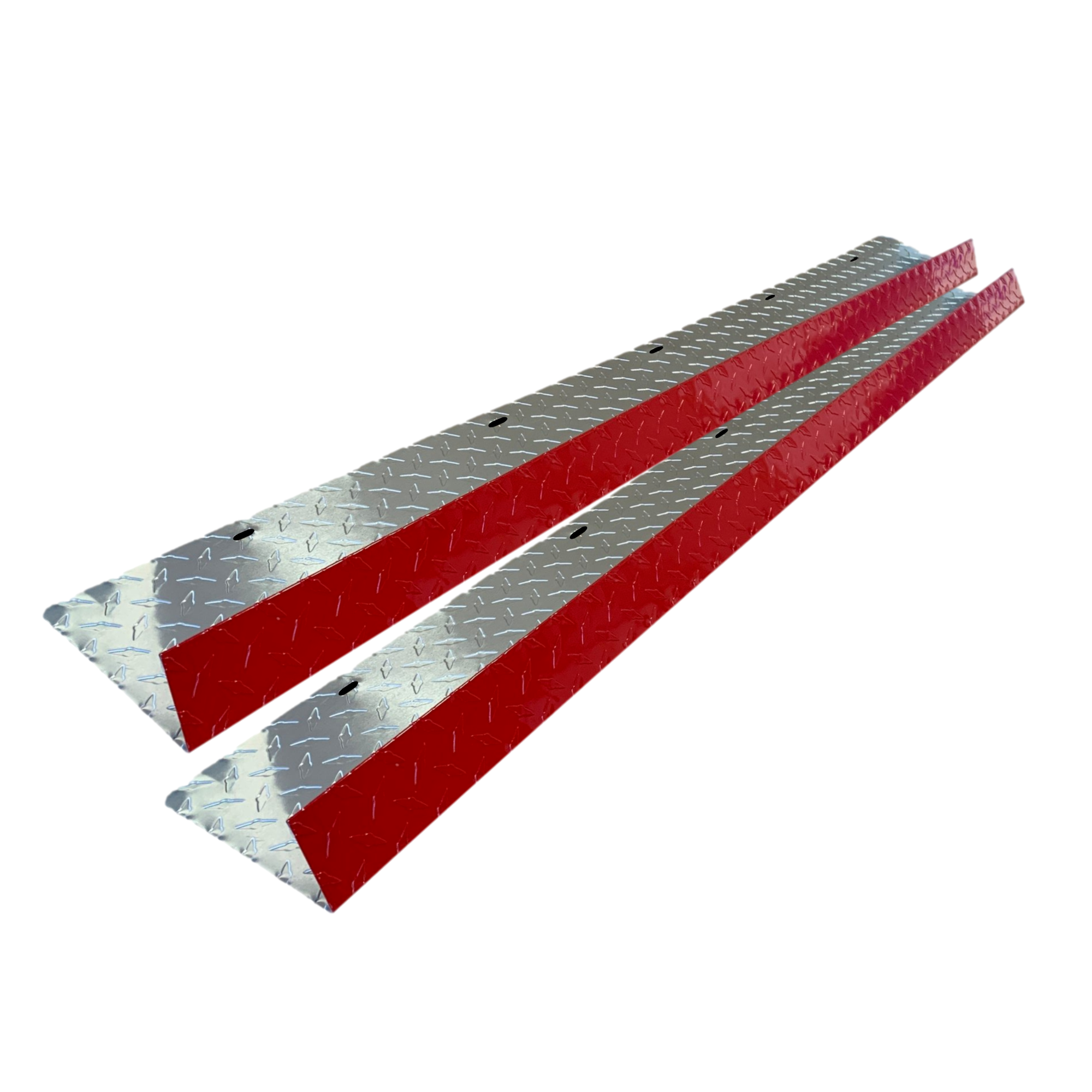 A two-pack of shingle roof rain diverters that are meant to install over door ways and windows to divert rain water. The rain diverters are made of aluminum diamond tread plate and are Red in color.