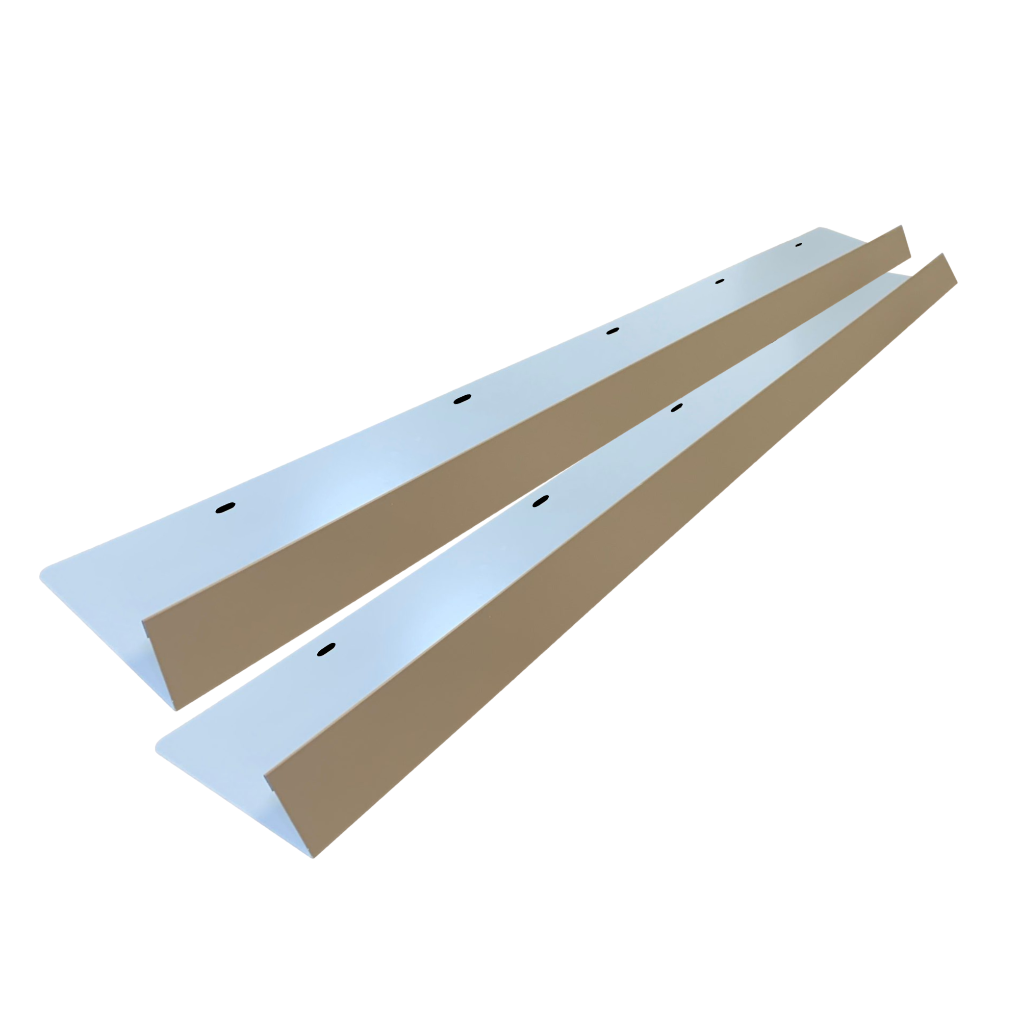 A two-pack of shingle roof rain diverters that are meant to install over door ways and windows to divert rain water. The rain diverters are made of 26 gauge painted steel and are Sahara Tan in color.