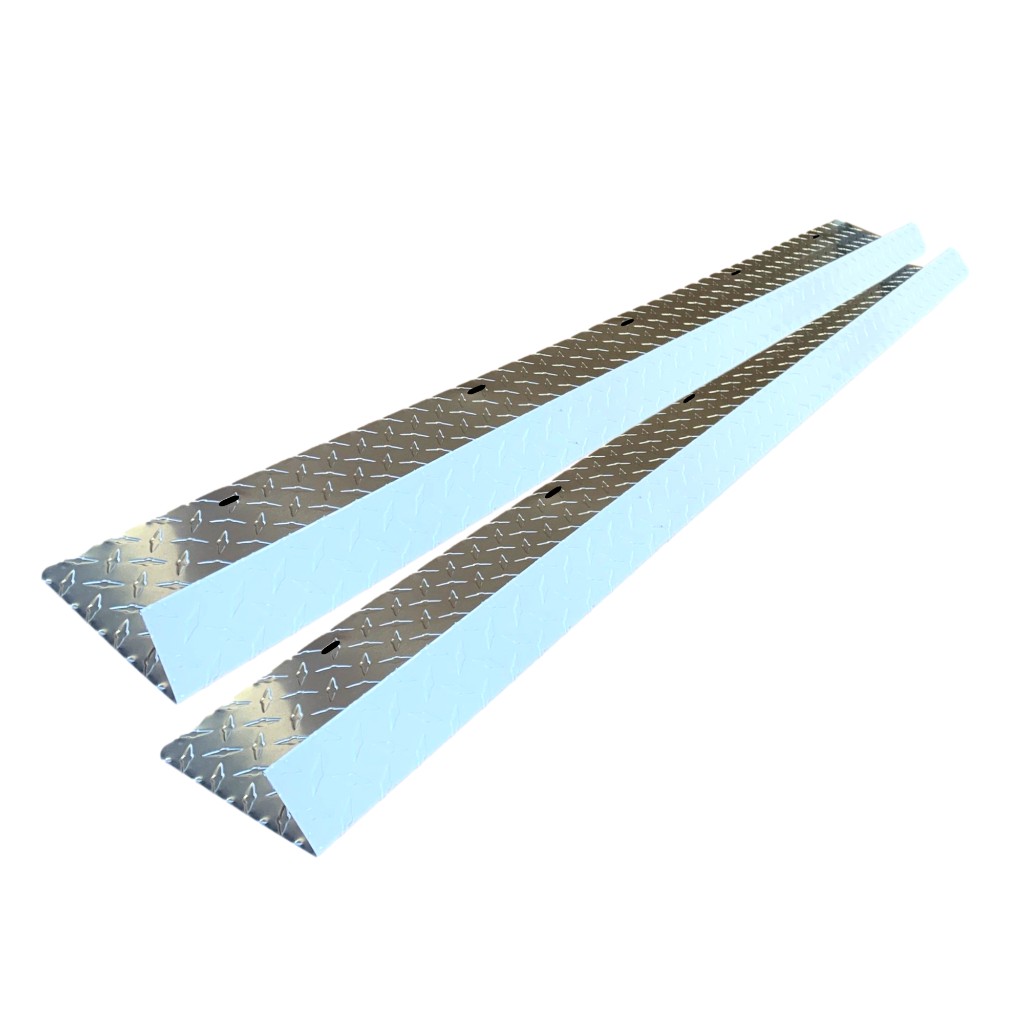 A two-pack of shingle roof rain diverters that are meant to install over door ways and windows to divert rain water. The rain diverters are made of aluminum diamond tread plate and are White in color.