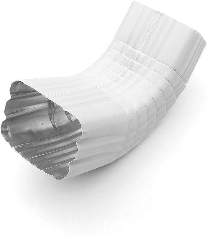 A Gutter Elbow that is made to install in gutter applications to divert rain water from the gutter downspout extensions to the ground. The Elbow is usually installed at the end of a gutter downspout where it meets ground level to allow rain water to run off in the desired location. The Gutter Elbow is made of Aluminum and is painted White.