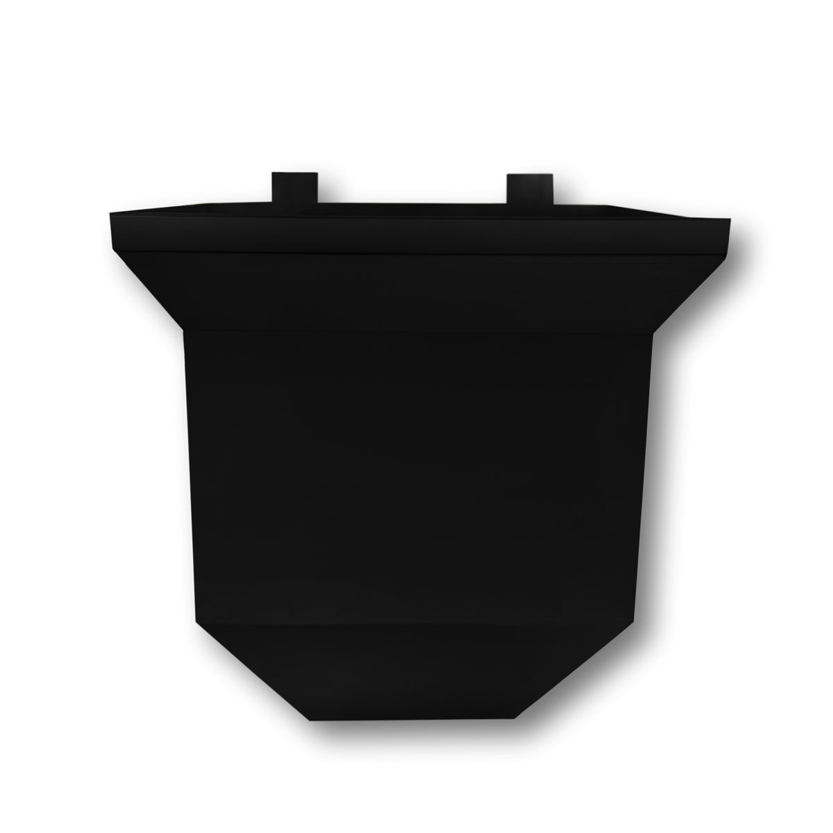 A painted aluminum Downspout Collection Box that is Black in color.