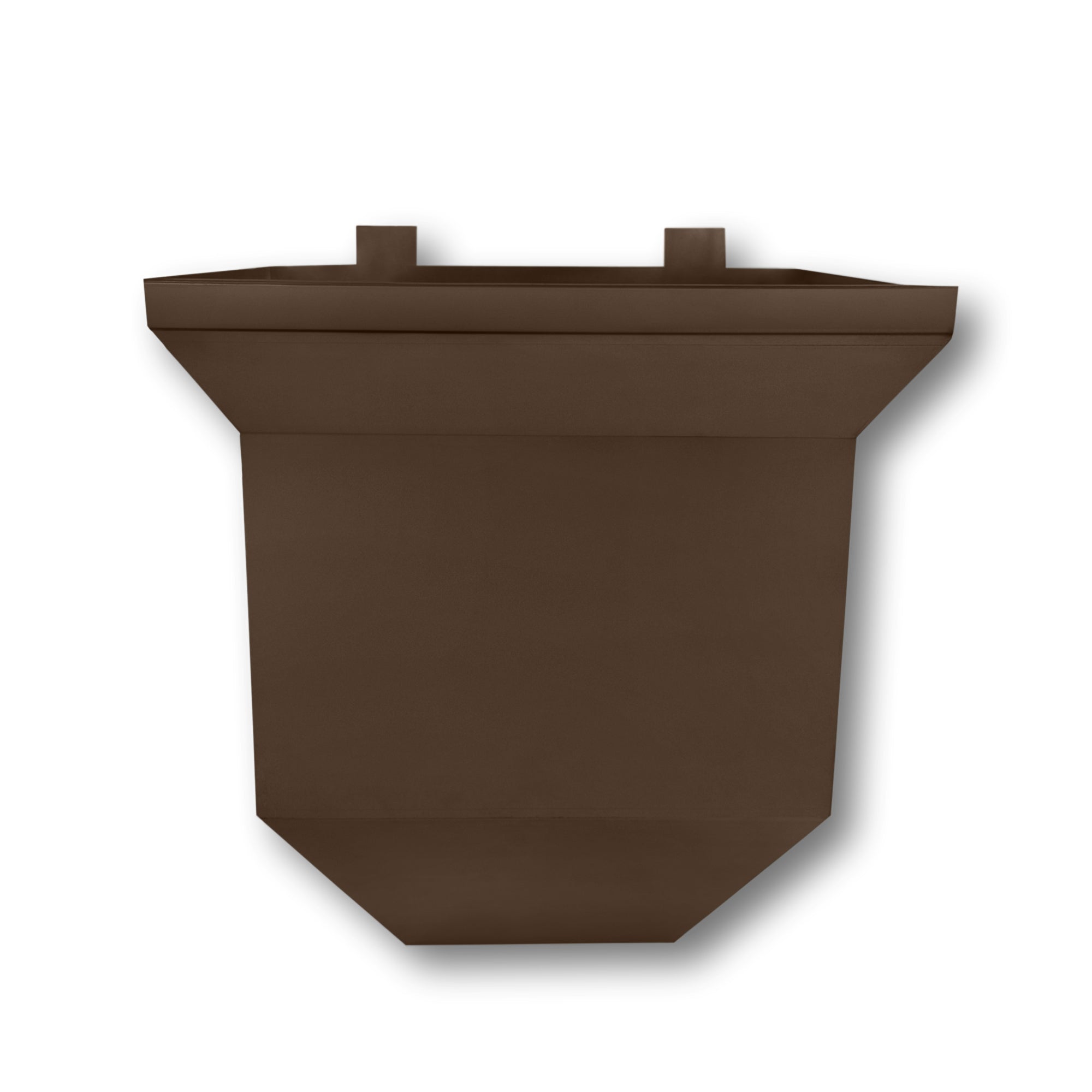 A painted aluminum Downspout Collection Box that is Royal Brown in color.