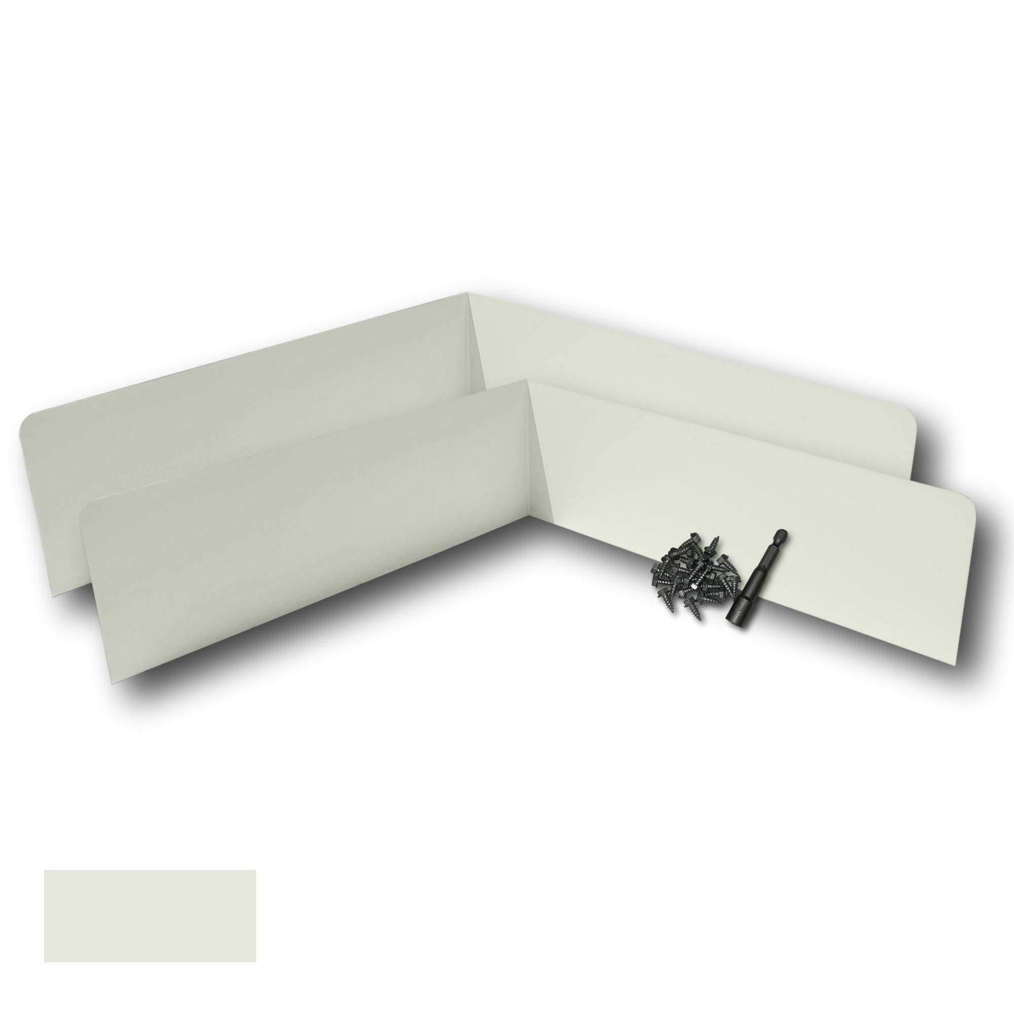 Two Rain Gutter Valley Splash Guards displayed with several sheet metal screws and a magnetic hex bit driver. There is a color swatch in the bottom left corner. The Splash Guards are Extreme Bent in size, and Almond in color.