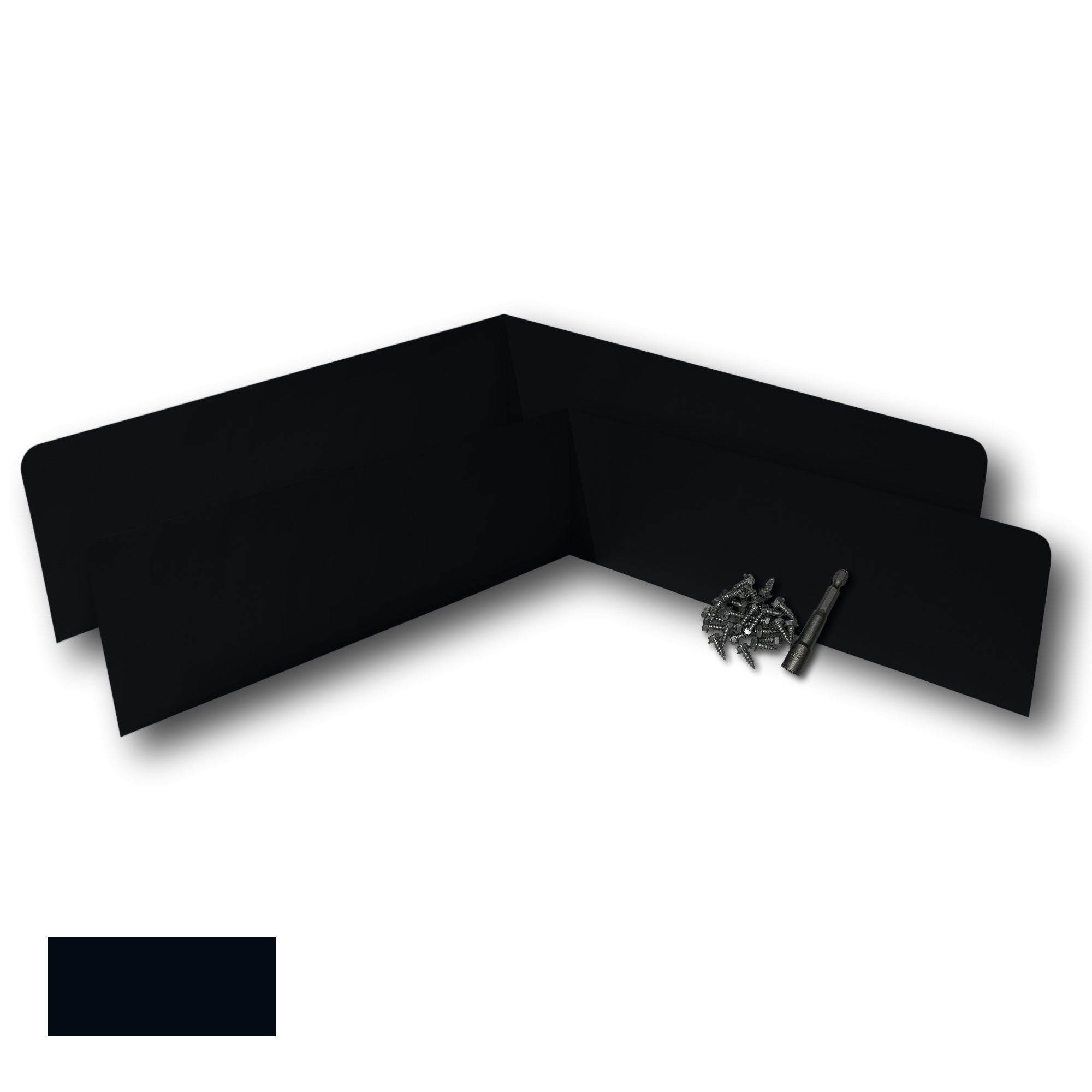 Two Rain Gutter Valley Splash Guards displayed with several sheet metal screws and a magnetic hex bit driver. There is a color swatch in the bottom left corner. The Splash Guards are Extreme Bent in size, and Black in color.