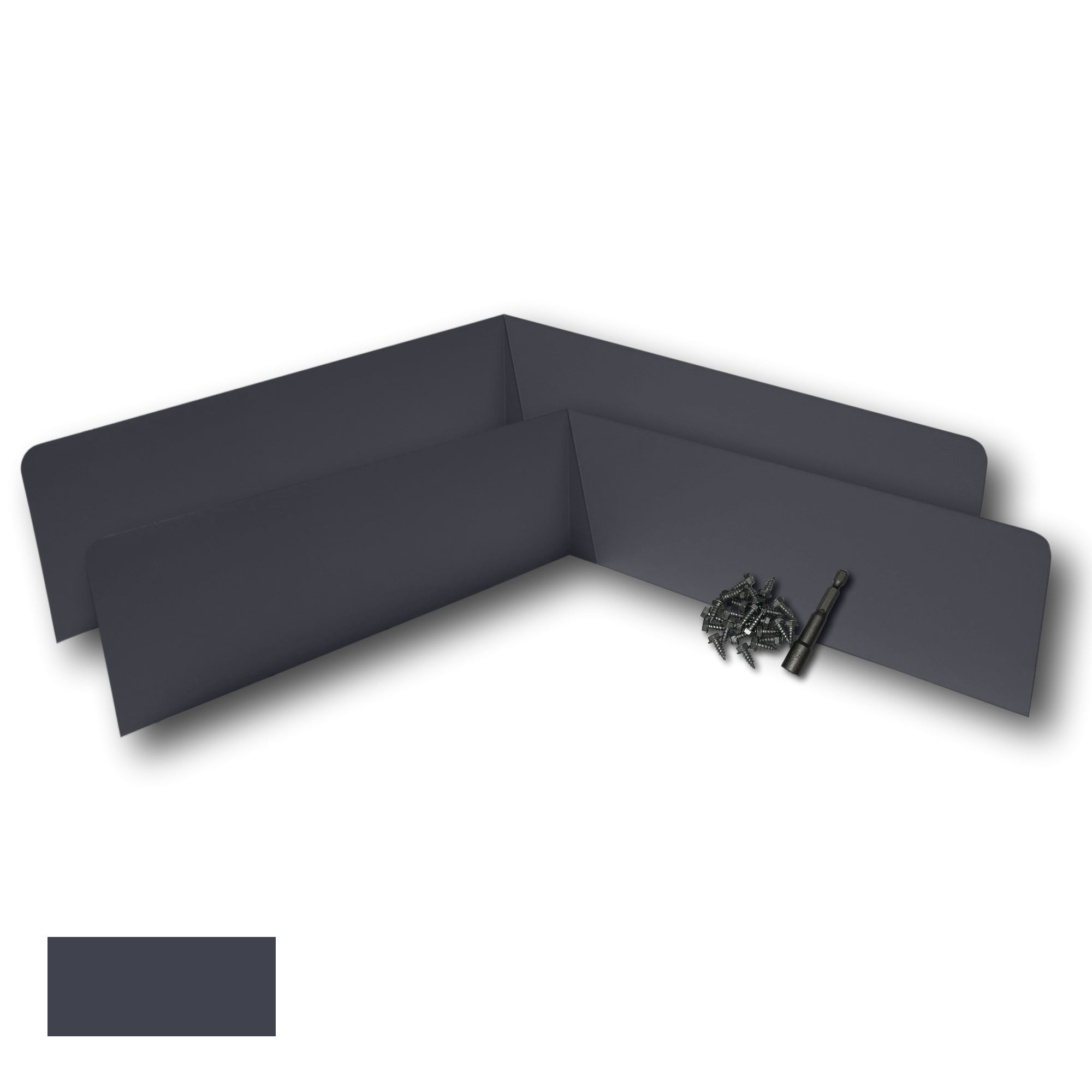 Two Rain Gutter Valley Splash Guards displayed with several sheet metal screws and a magnetic hex bit driver. There is a color swatch in the bottom left corner. The Splash Guards are Extreme Bent in size, and Dark Bronze in color.