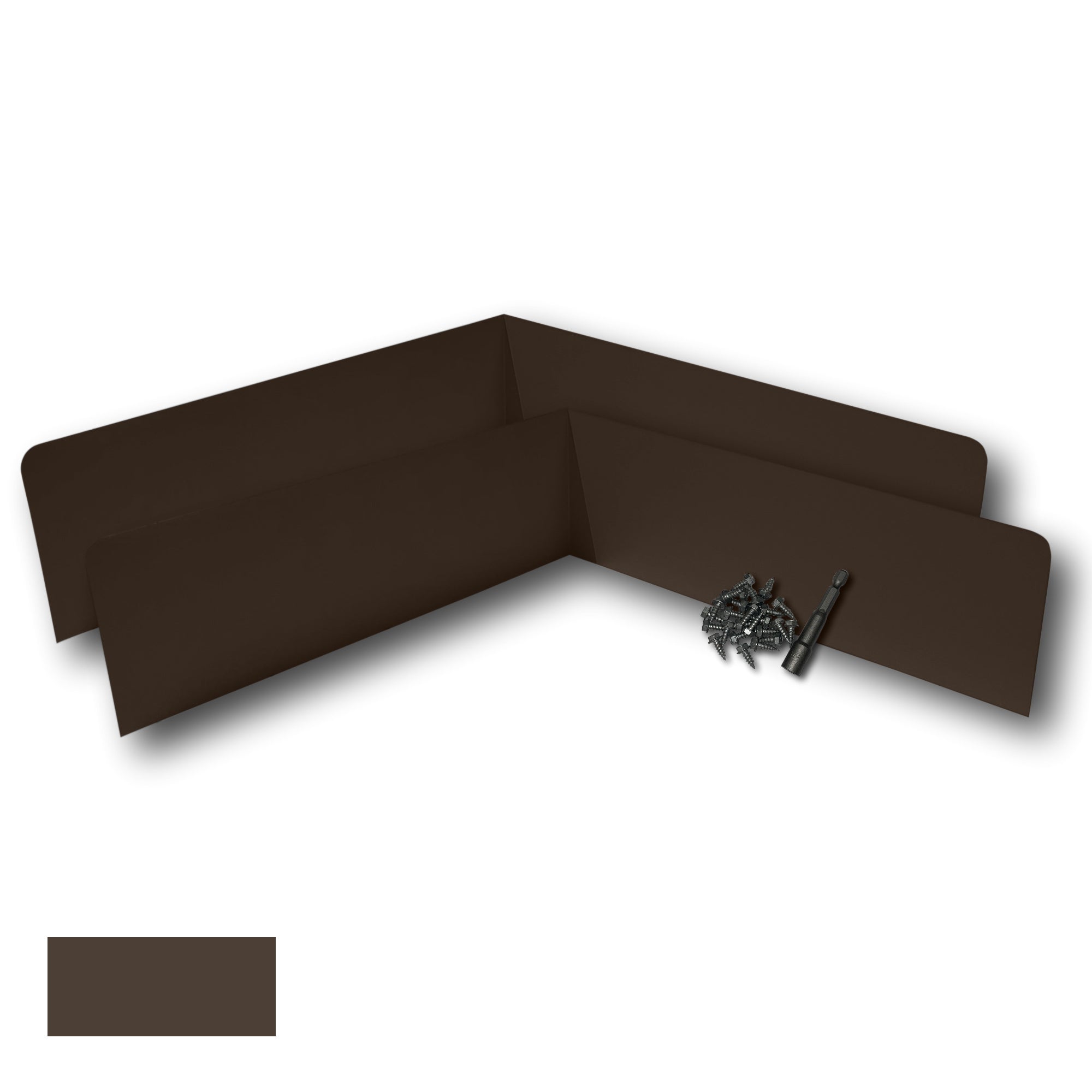 Two Rain Gutter Valley Splash Guards displayed with several sheet metal screws and a magnetic hex bit driver. There is a color swatch in the bottom left corner. The Splash Guards are Extreme Bent in size, and Musket Brown in color.