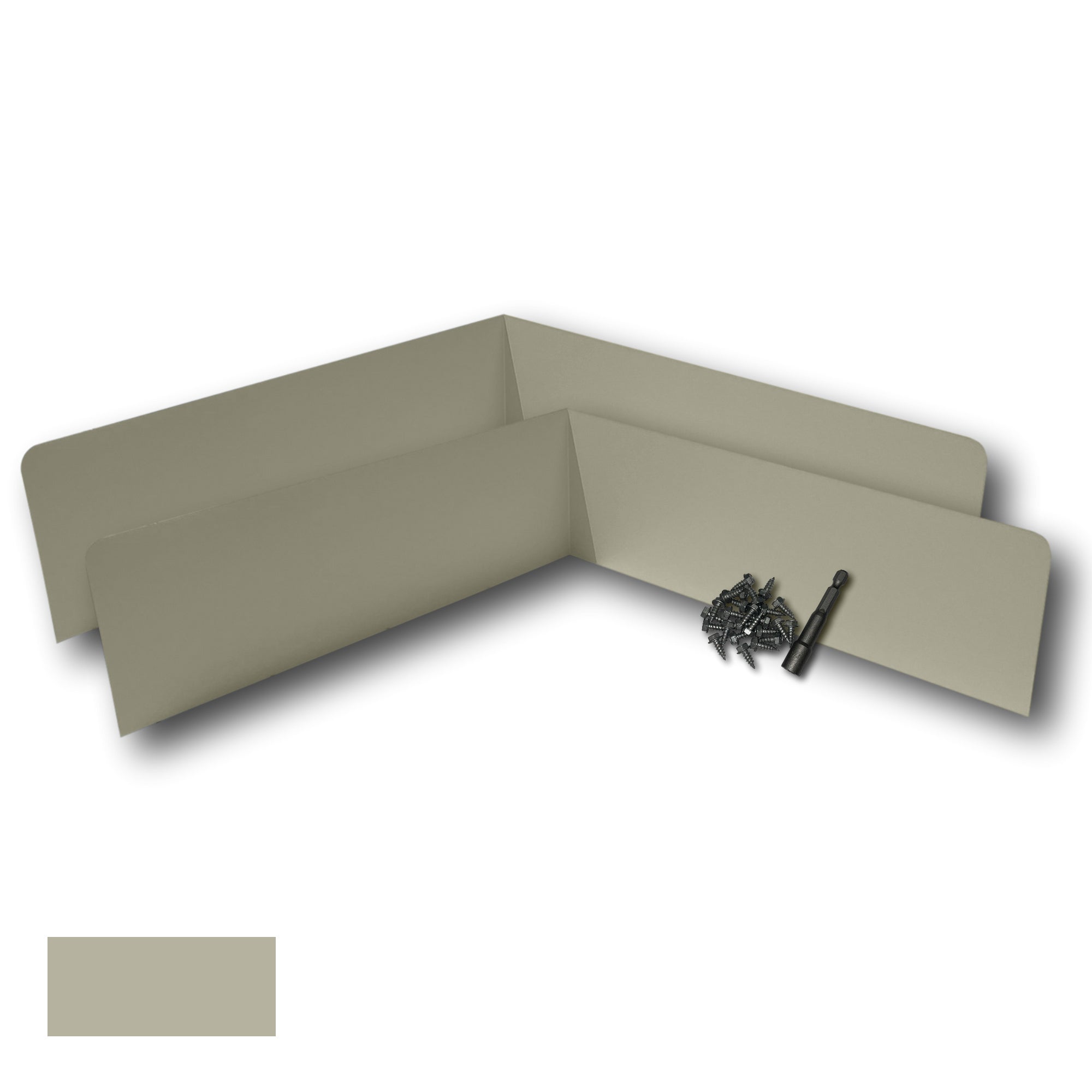 Two Rain Gutter Valley Splash Guards displayed with several sheet metal screws and a magnetic hex bit driver. There is a color swatch in the bottom left corner. The Splash Guards are Extreme Bent in size, and Clay in color.