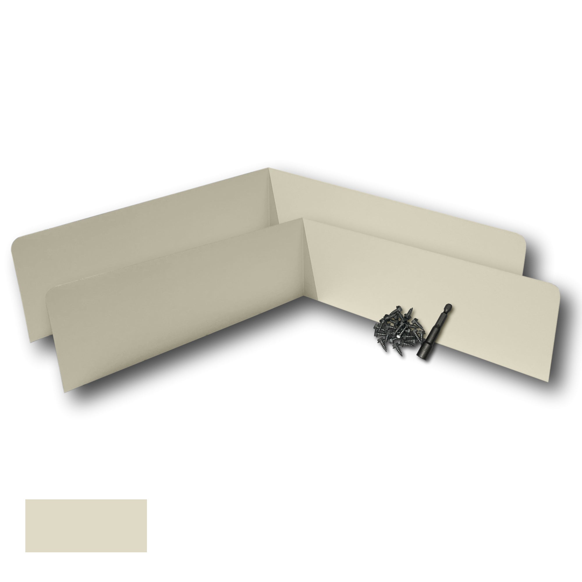 Two Rain Gutter Valley Splash Guards displayed with several sheet metal screws and a magnetic hex bit driver. There is a color swatch in the bottom left corner. The Splash Guards are Extreme Bent in size, and Cream in color.
