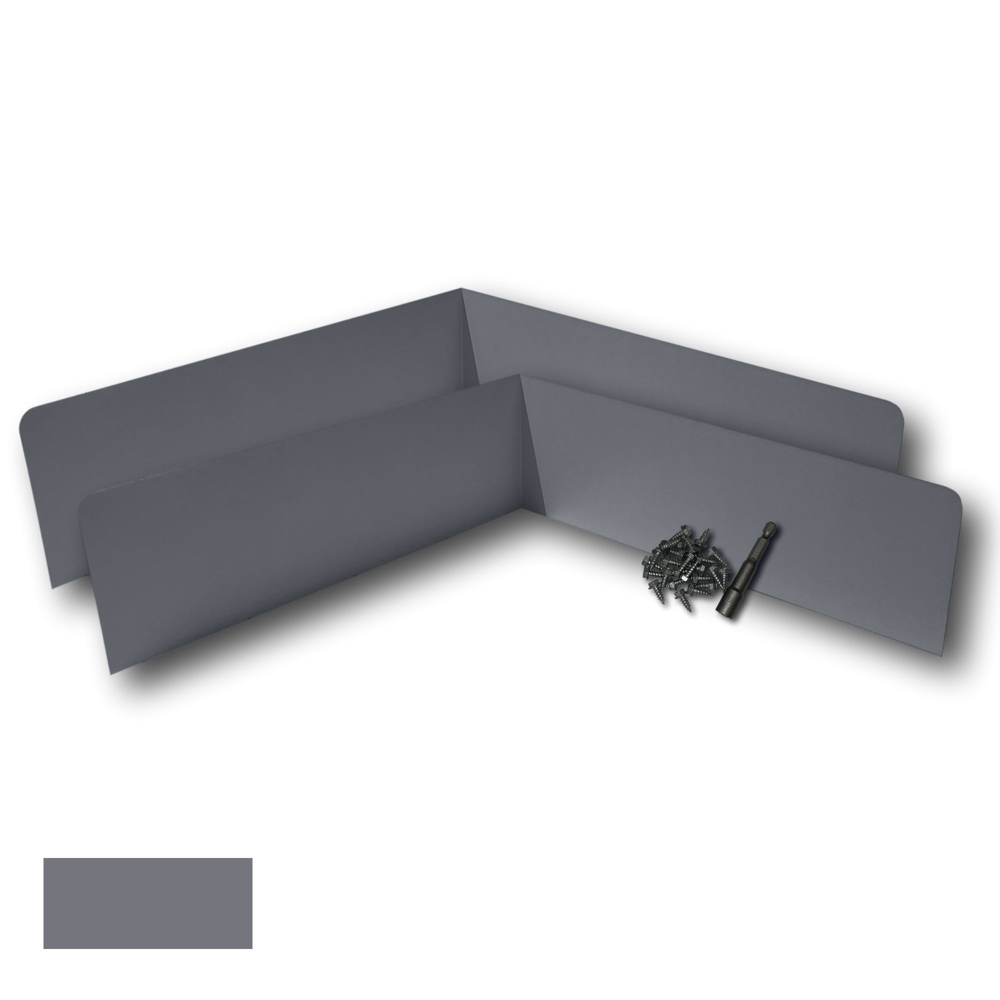 Two Rain Gutter Valley Splash Guards displayed with several sheet metal screws and a magnetic hex bit driver. There is a color swatch in the bottom left corner. The Splash Guards are Extreme Bent in size, and Dark Gray in color.
