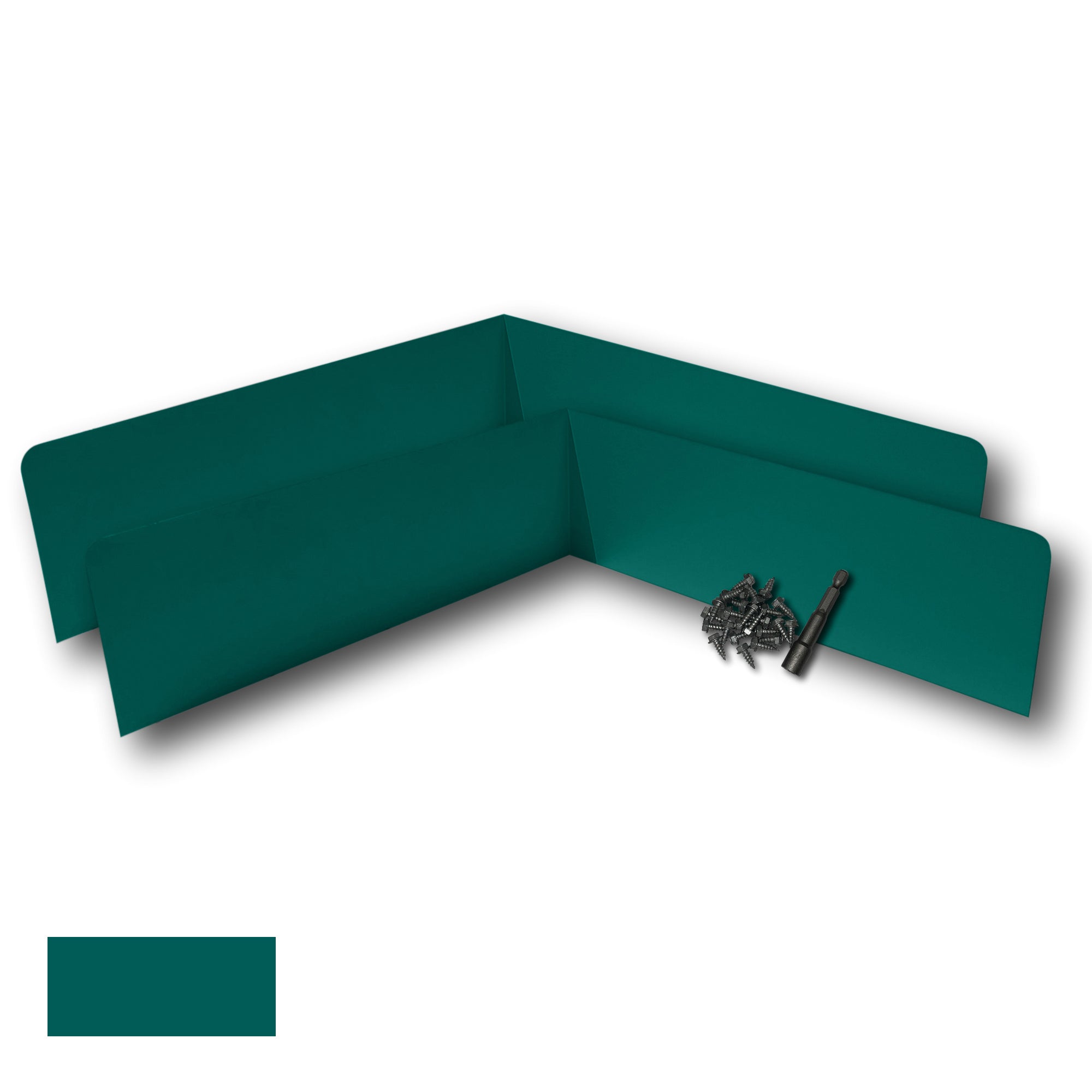 Two Rain Gutter Valley Splash Guards displayed with several sheet metal screws and a magnetic hex bit driver. There is a color swatch in the bottom left corner. The Splash Guards are Extreme Bent in size, and Grecian Green in color.