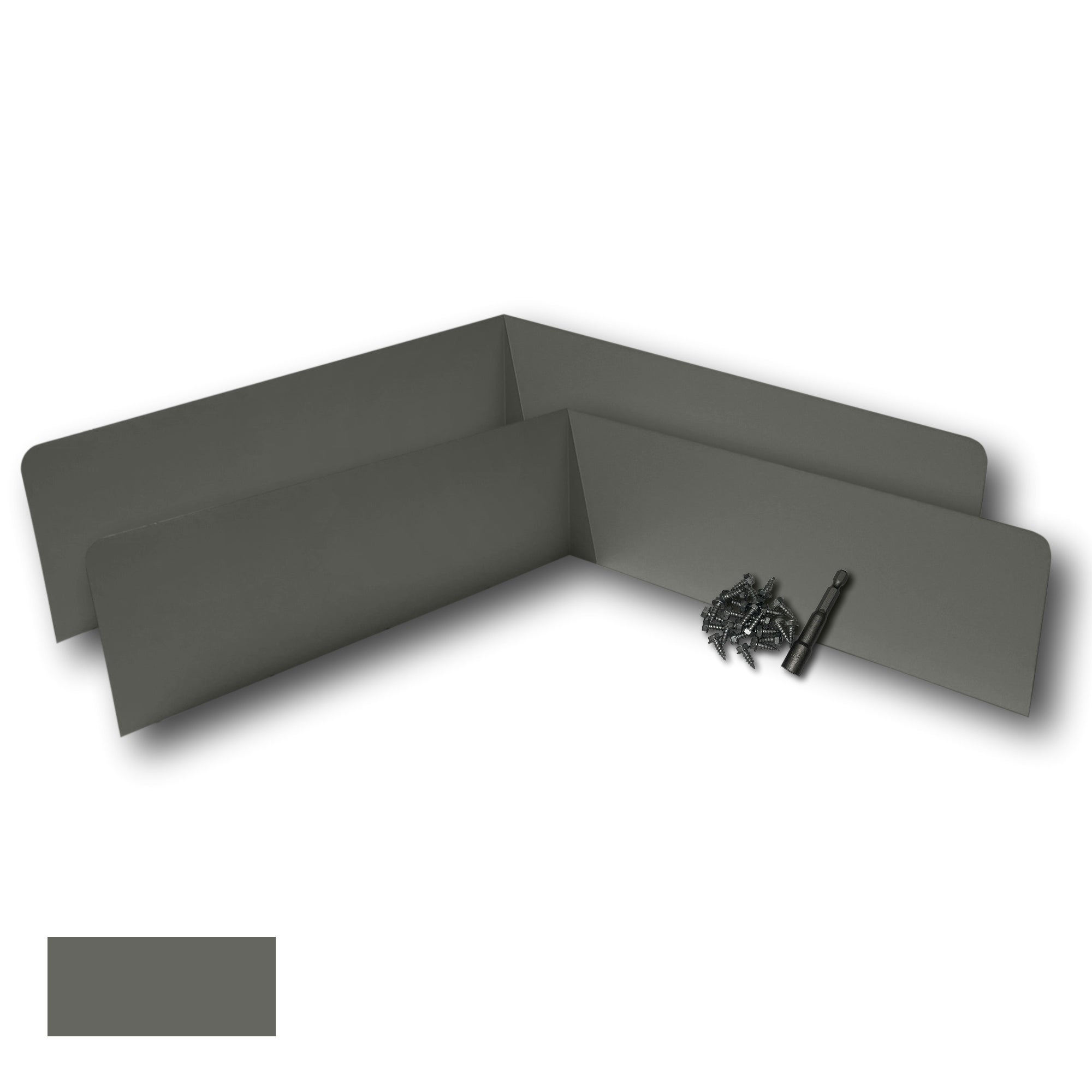 Two Rain Gutter Valley Splash Guards displayed with several sheet metal screws and a magnetic hex bit driver. There is a color swatch in the bottom left corner. The Splash Guards are Extreme Bent in size, and Light Bronze in color.