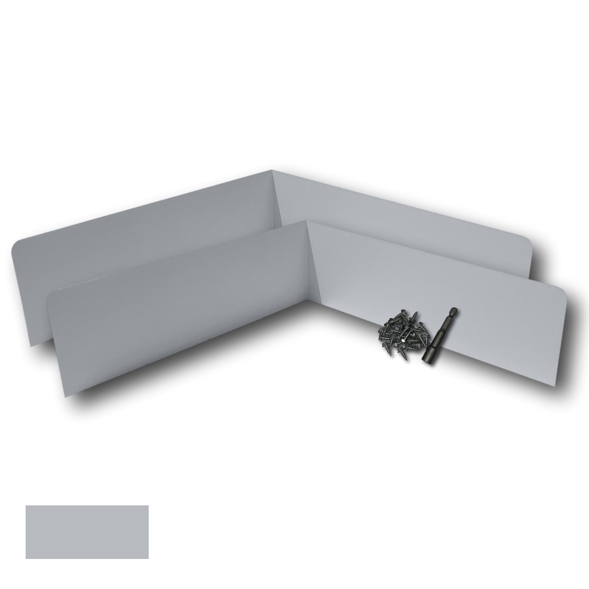Two Rain Gutter Valley Splash Guards displayed with several sheet metal screws and a magnetic hex bit driver. There is a color swatch in the bottom left corner. The Splash Guards are Extreme Bent in size, and Light Gray in color.