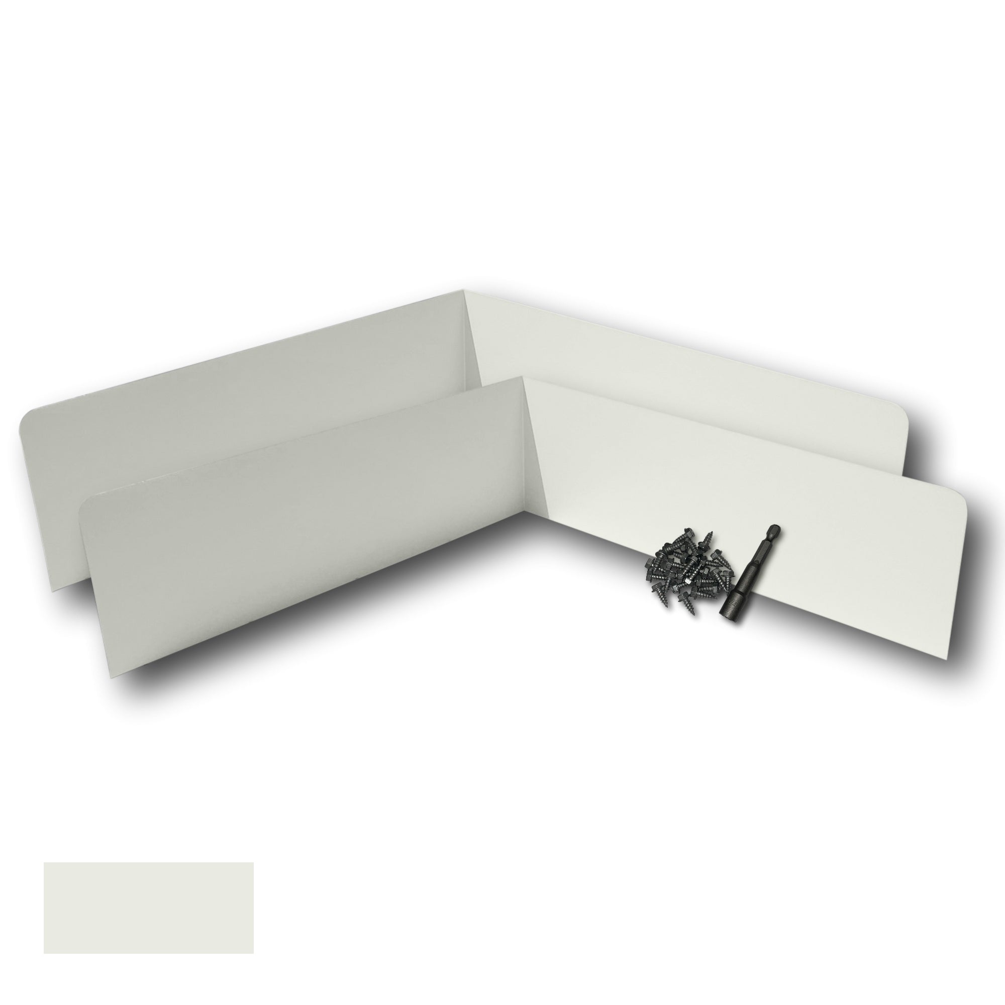 Two Rain Gutter Valley Splash Guards displayed with several sheet metal screws and a magnetic hex bit driver. There is a color swatch in the bottom left corner. The Splash Guards are Extreme Bent in size, and Linen in color.
