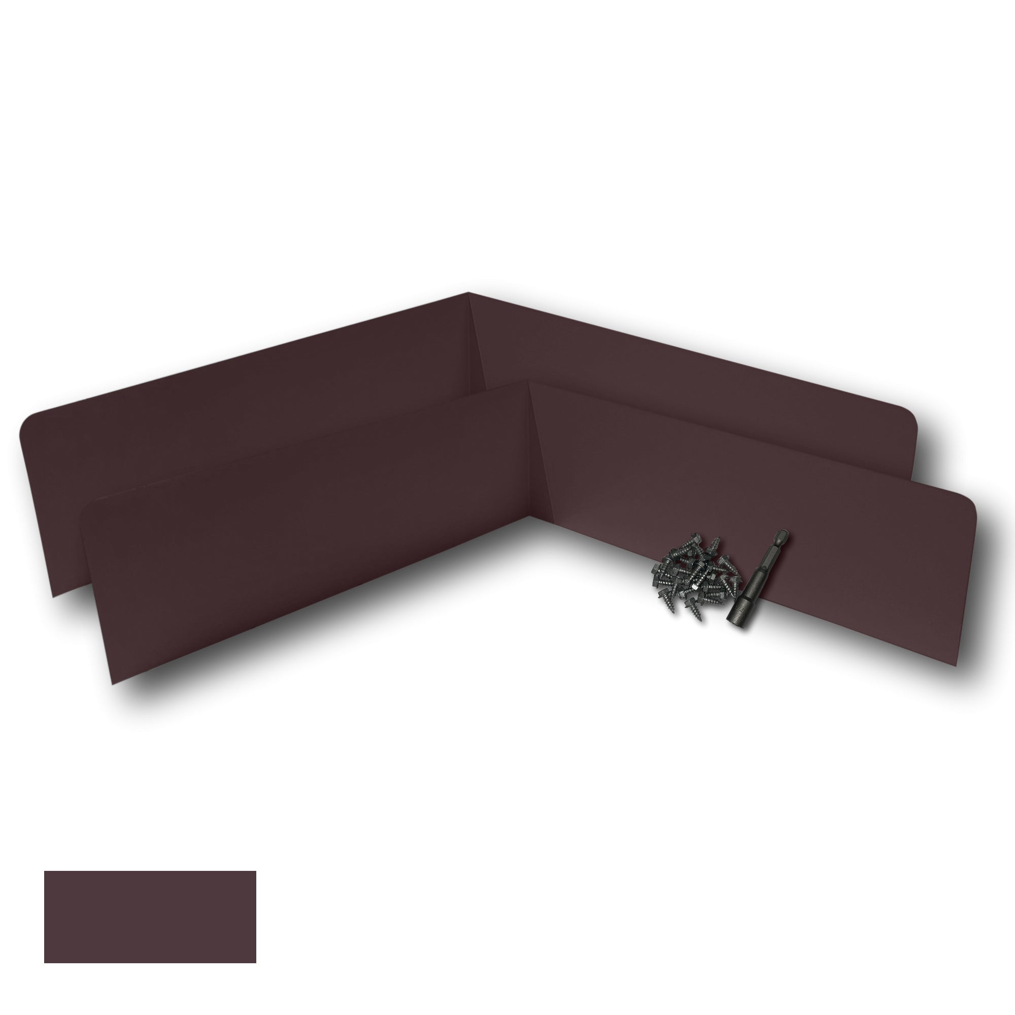 Two Rain Gutter Valley Splash Guards displayed with several sheet metal screws and a magnetic hex bit driver. There is a color swatch in the bottom left corner. The Splash Guards are Extreme Bent in size, and Royal Brown in color.