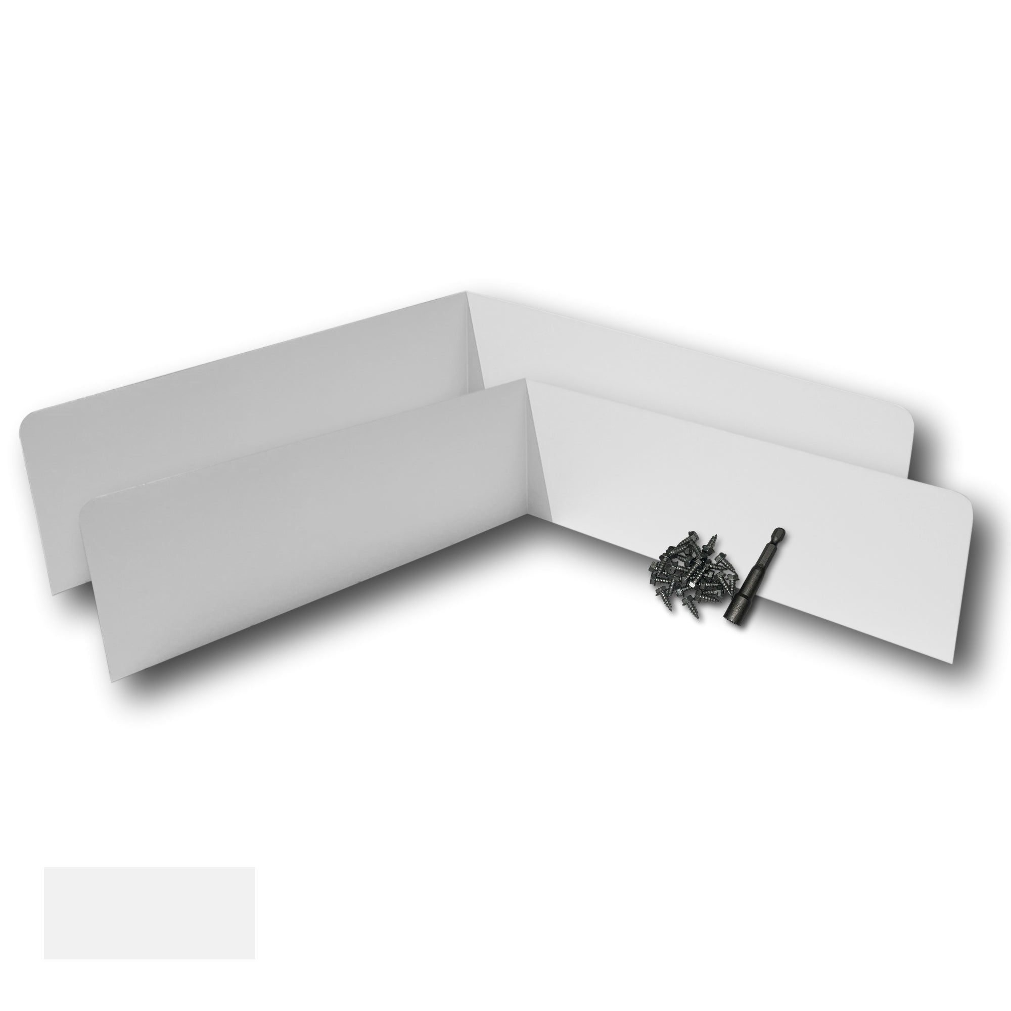 Two Rain Gutter Valley Splash Guards displayed with several sheet metal screws and a magnetic hex bit driver. There is a color swatch in the bottom left corner. The Splash Guards are Extreme Bent in size, and White in color.