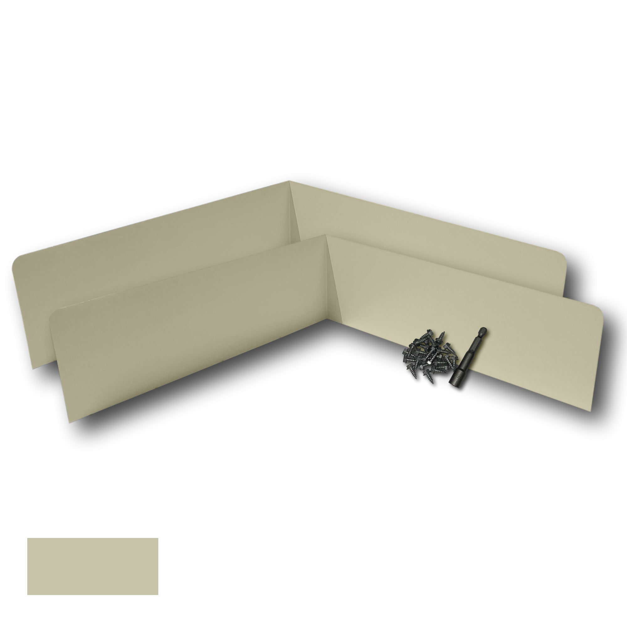 Two Rain Gutter Valley Splash Guards displayed with several sheet metal screws and a magnetic hex bit driver. There is a color swatch in the bottom left corner. The Splash Guards are Extreme Bent in size, and Wicker in color.