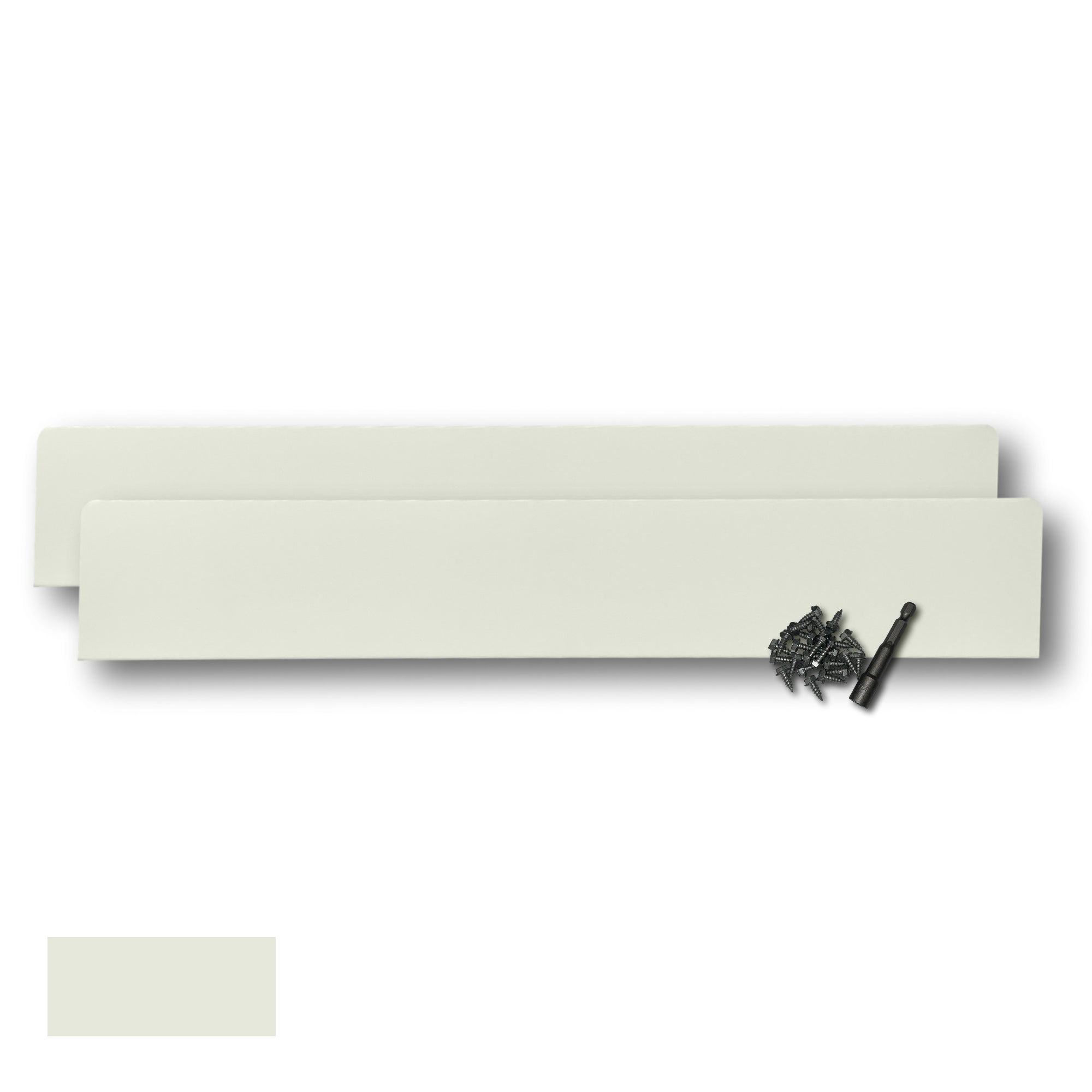 Two Rain Gutter Valley Splash Guards displayed with several sheet metal screws and a magnetic hex bit driver. There is a color swatch in the bottom left corner. The Splash Guards are Extreme Straight in size, and Almond in color.