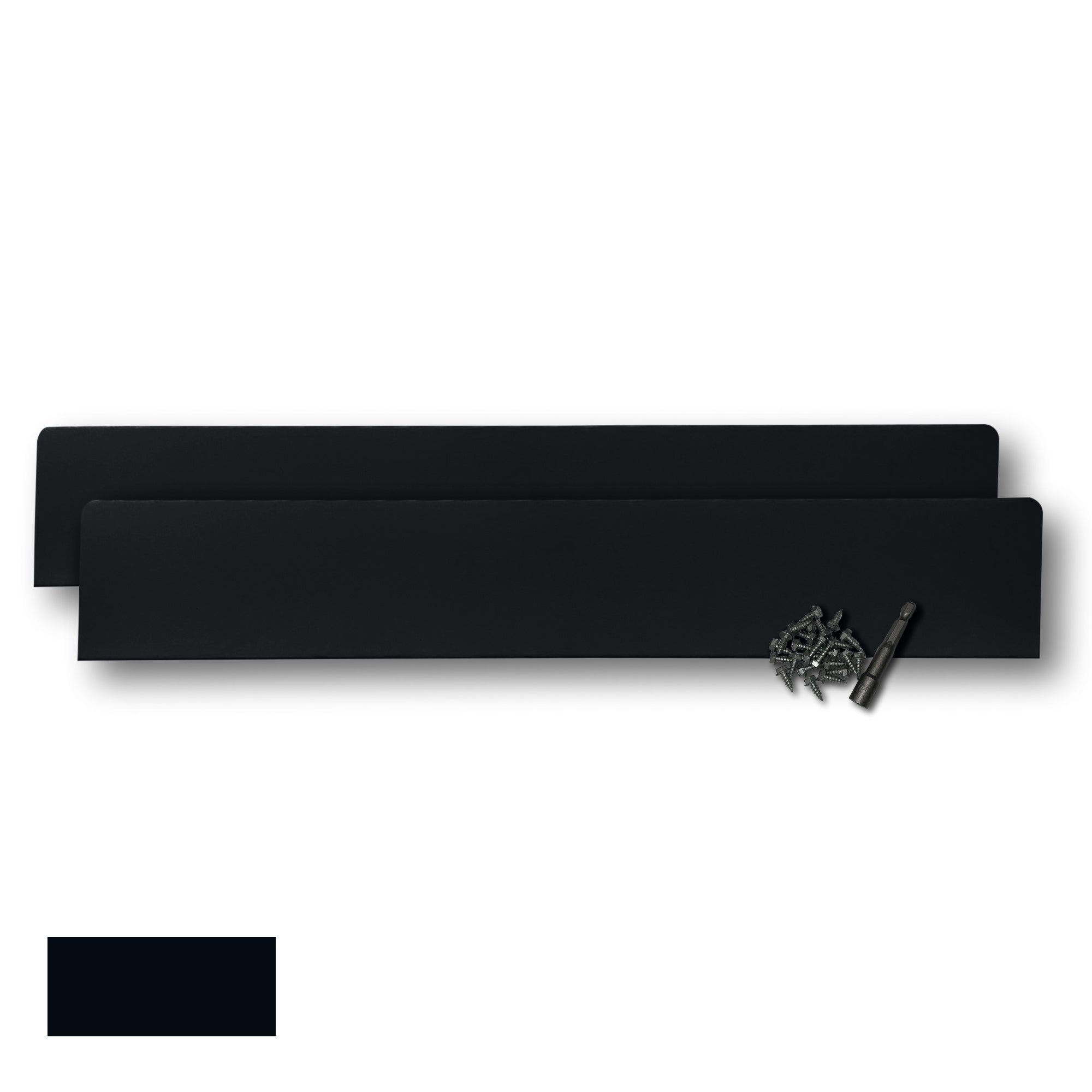 Two Rain Gutter Valley Splash Guards displayed with several sheet metal screws and a magnetic hex bit driver. There is a color swatch in the bottom left corner. The Splash Guards are Extreme Straight in size, and Black in color.