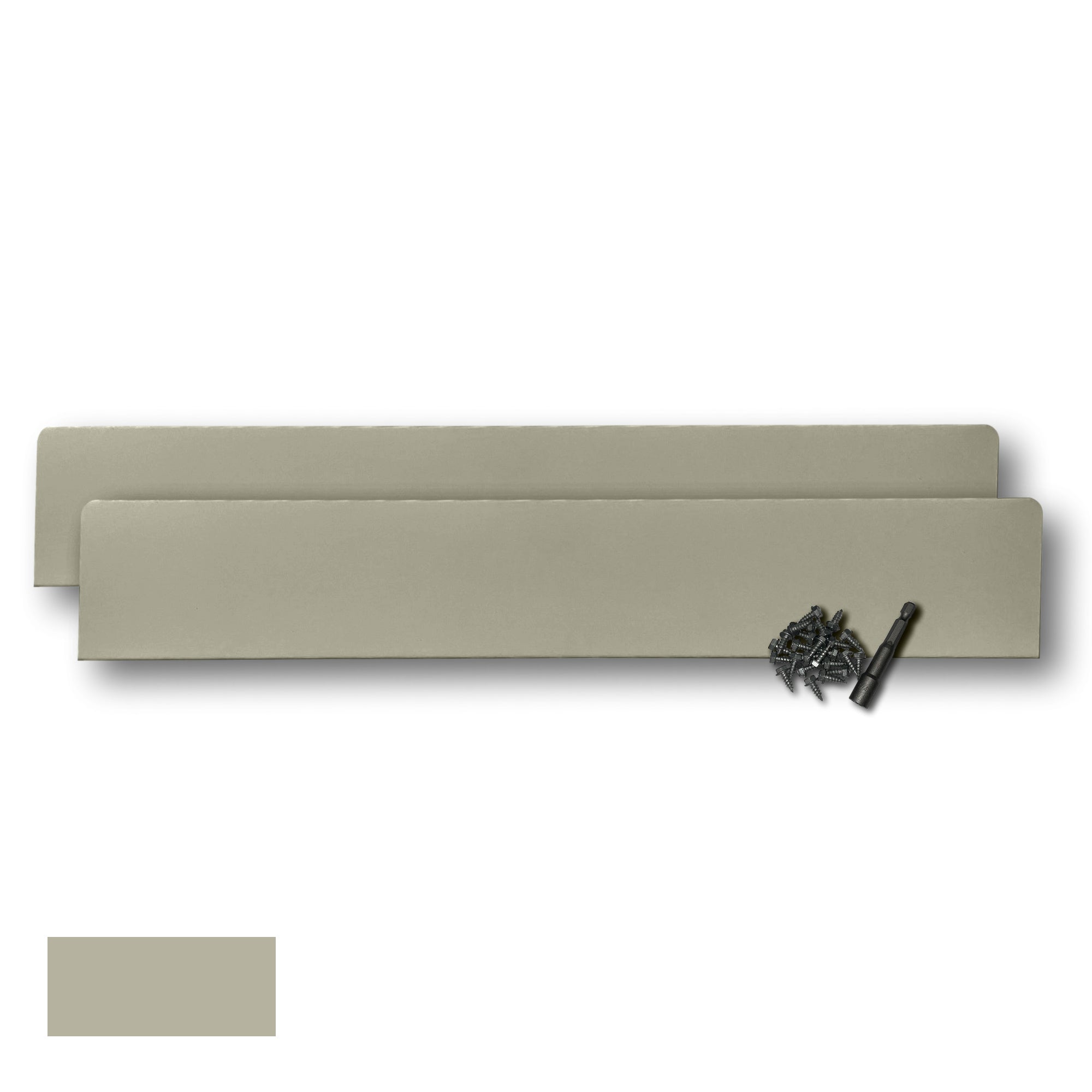 Two Rain Gutter Valley Splash Guards displayed with several sheet metal screws and a magnetic hex bit driver. There is a color swatch in the bottom left corner. The Splash Guards are Extreme Straight in size, and Clay in color.