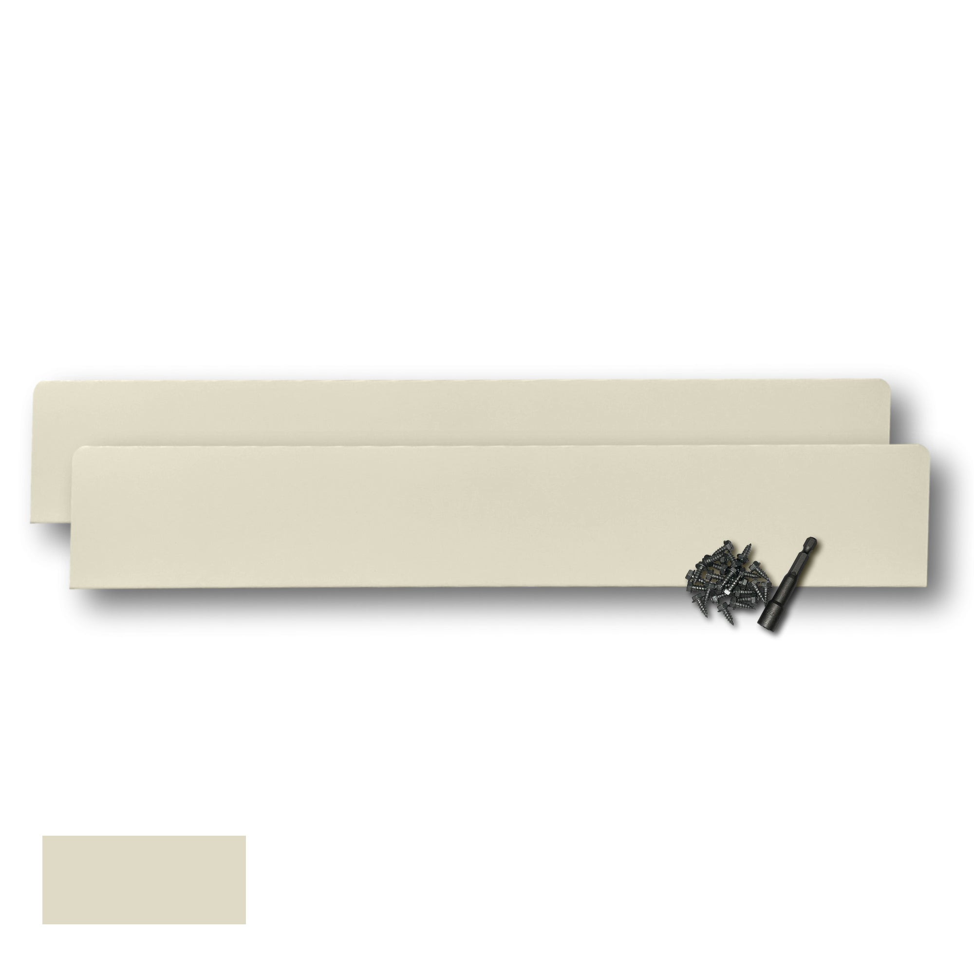 Two Rain Gutter Valley Splash Guards displayed with several sheet metal screws and a magnetic hex bit driver. There is a color swatch in the bottom left corner. The Splash Guards are Extreme Straight in size, and Cream in color.