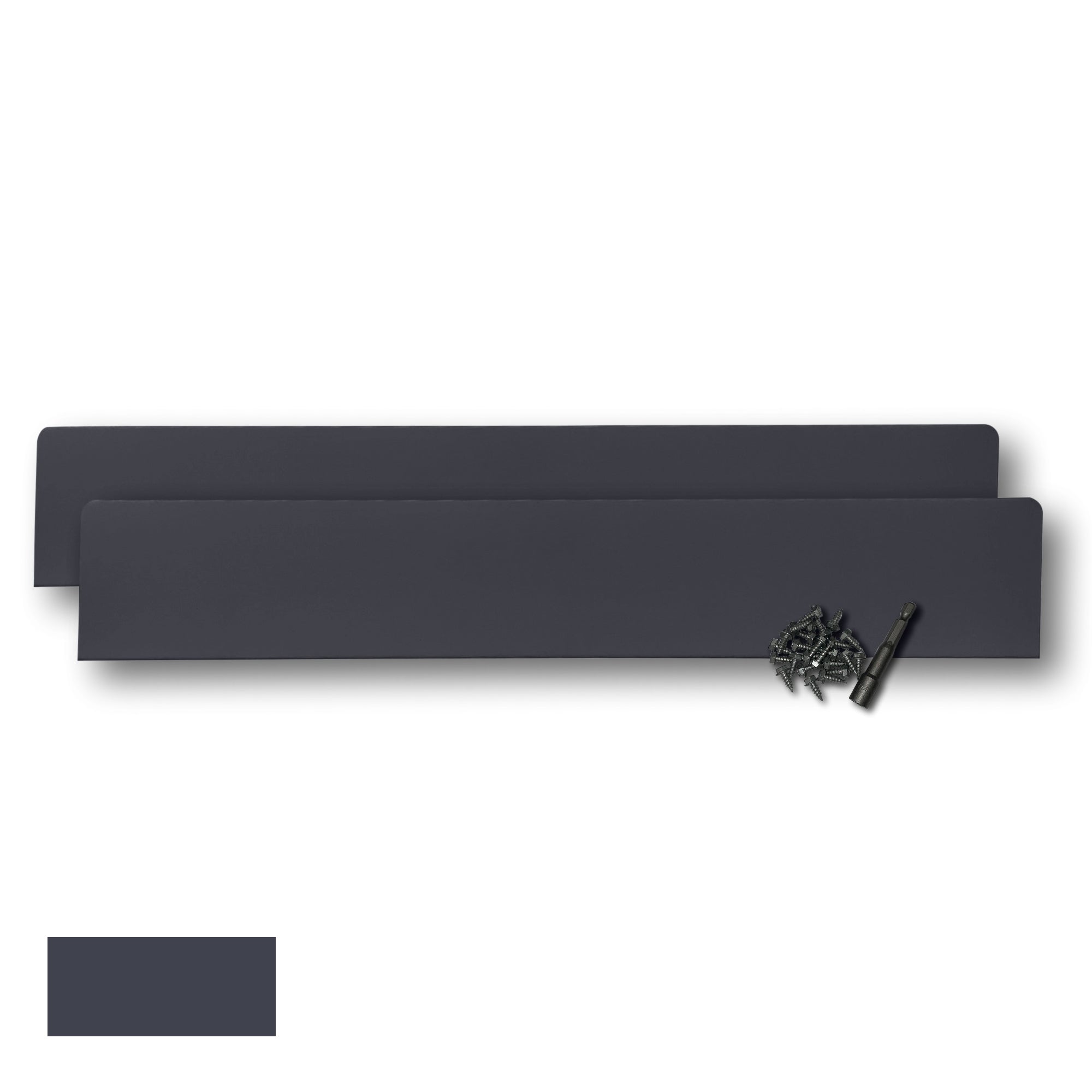 Two Rain Gutter Valley Splash Guards displayed with several sheet metal screws and a magnetic hex bit driver. There is a color swatch in the bottom left corner. The Splash Guards are Extreme Straight in size, and Dark Bronze in color.