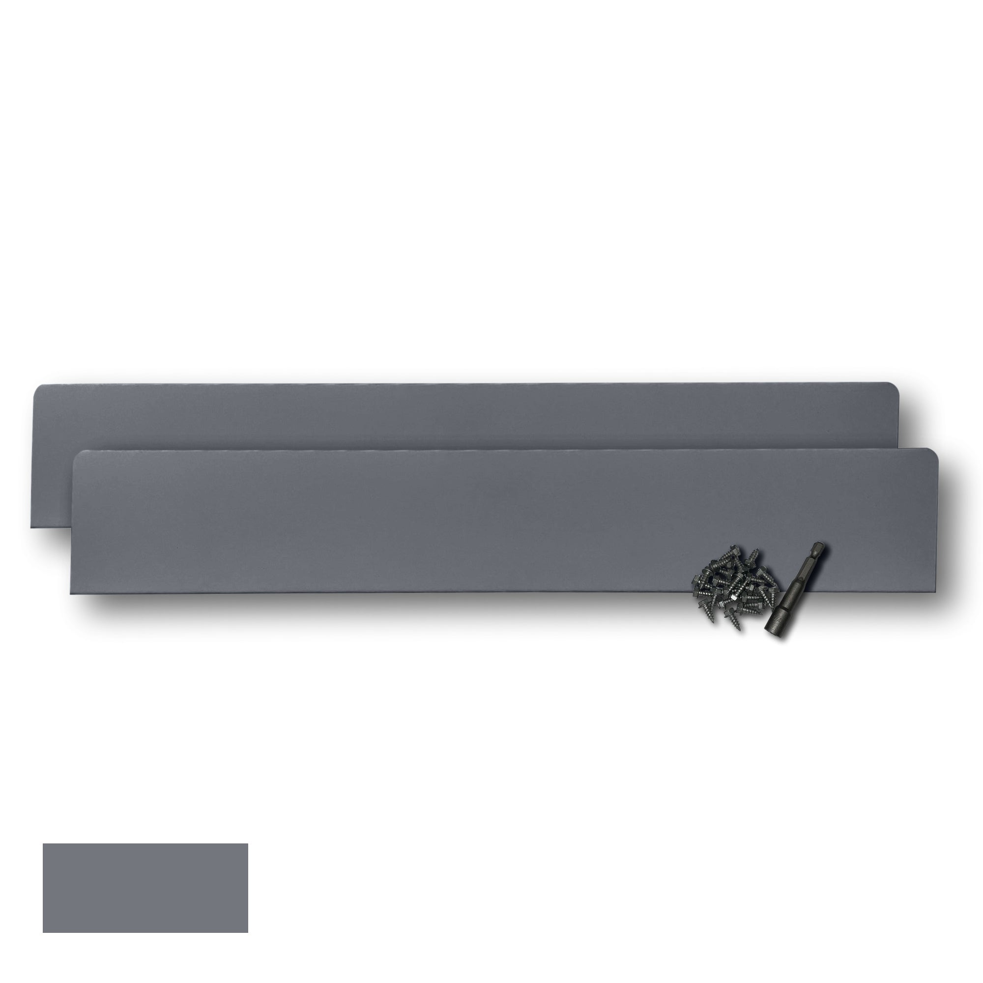 Two Rain Gutter Valley Splash Guards displayed with several sheet metal screws and a magnetic hex bit driver. There is a color swatch in the bottom left corner. The Splash Guards are Extreme Straight in size, and Dark Gray in color.