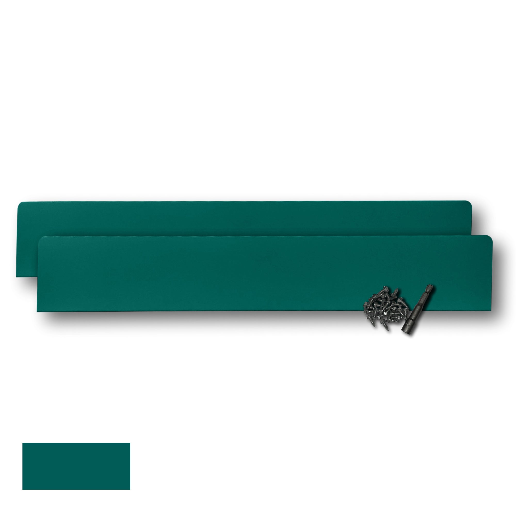 Two Rain Gutter Valley Splash Guards displayed with several sheet metal screws and a magnetic hex bit driver. There is a color swatch in the bottom left corner. The Splash Guards are Extreme Straight in size, and Grecian Green in color.