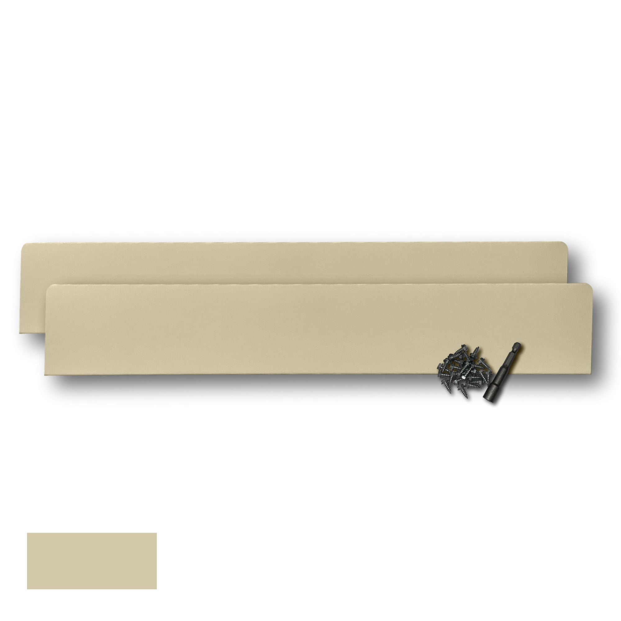 Two Rain Gutter Valley Splash Guards displayed with several sheet metal screws and a magnetic hex bit driver. There is a color swatch in the bottom left corner. The Splash Guards are Extreme Straight in size, and Ivory in color.