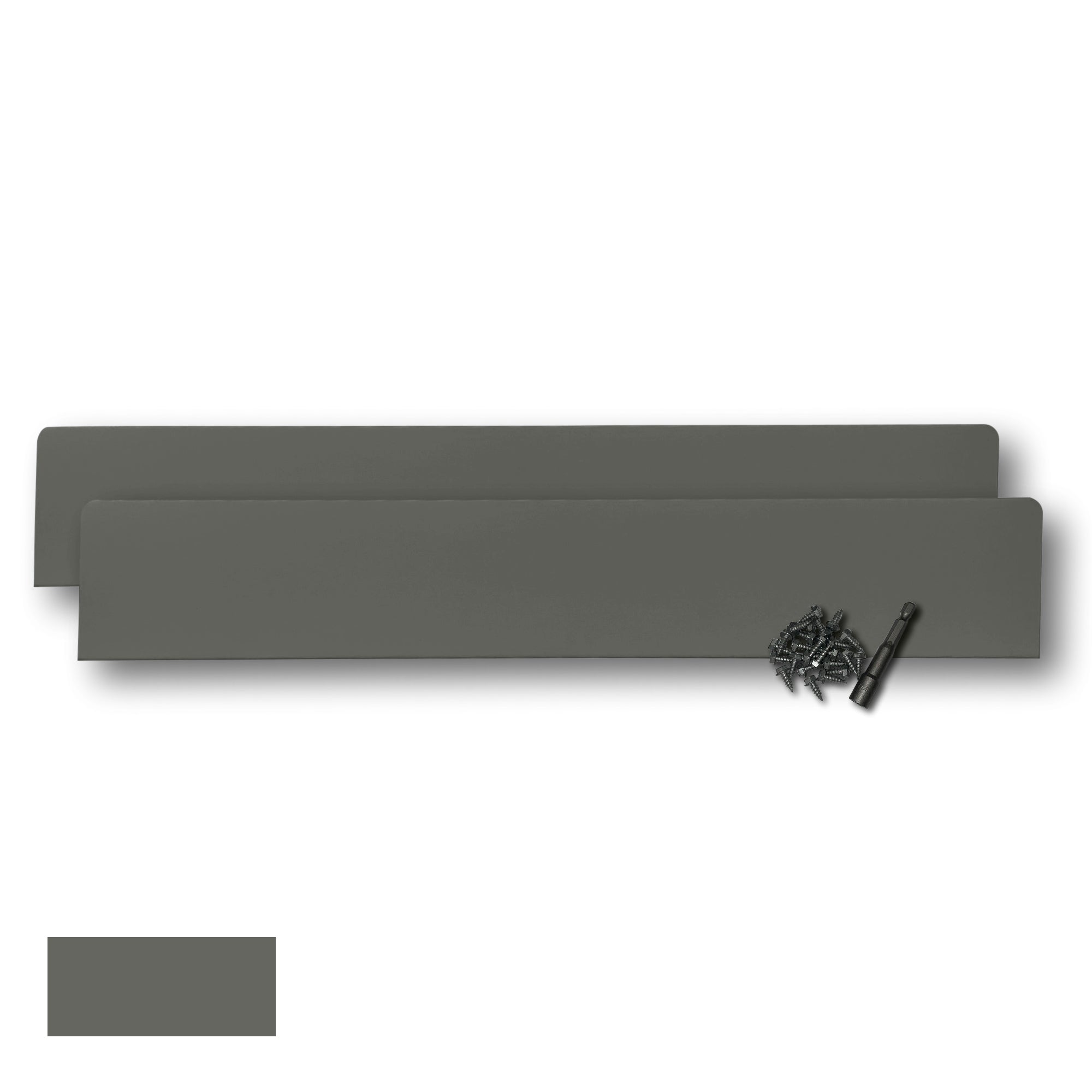 Two Rain Gutter Valley Splash Guards displayed with several sheet metal screws and a magnetic hex bit driver. There is a color swatch in the bottom left corner. The Splash Guards are Extreme Straight in size, and Light Bronze in color.