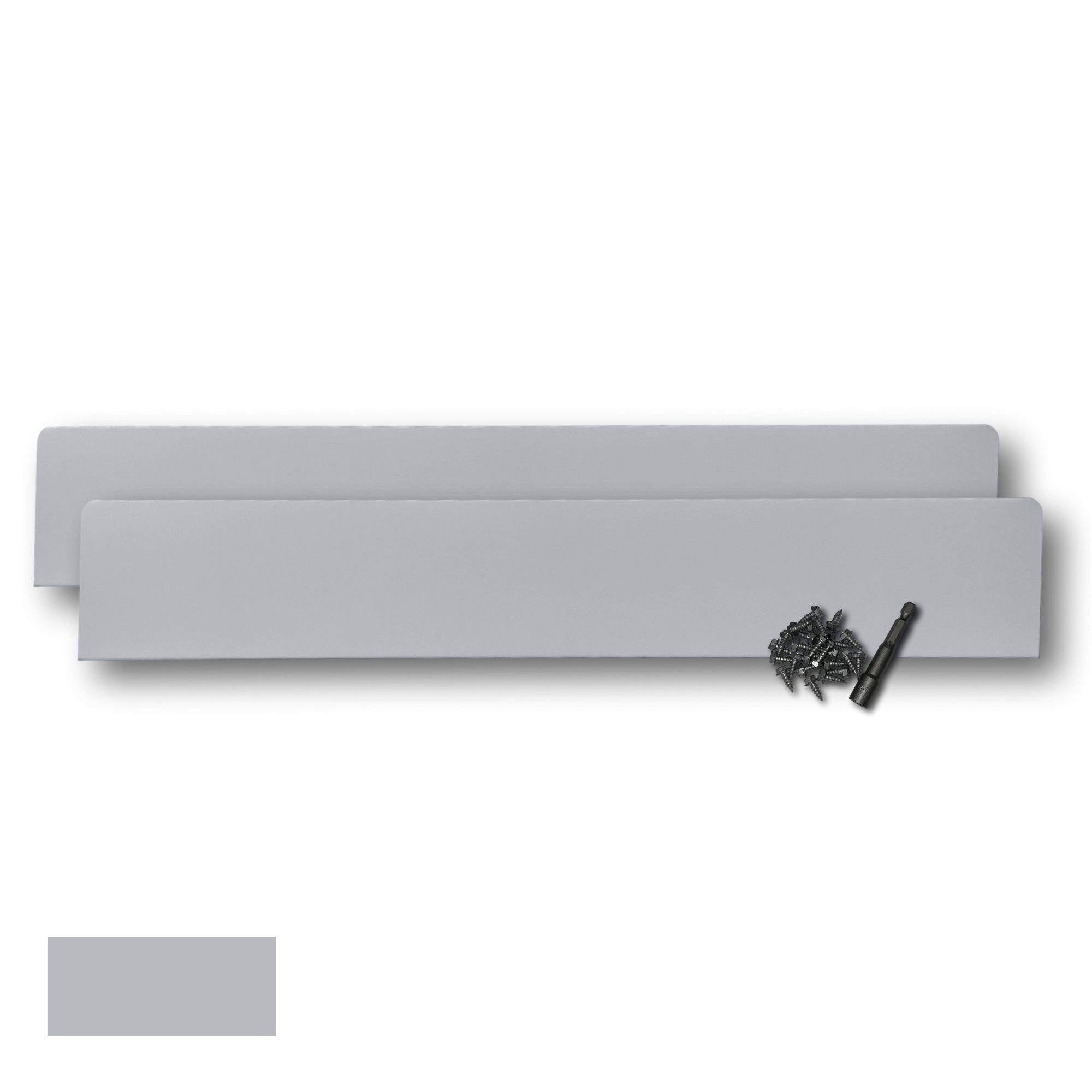 Two Rain Gutter Valley Splash Guards displayed with several sheet metal screws and a magnetic hex bit driver. There is a color swatch in the bottom left corner. The Splash Guards are Extreme Straight in size, and Light Gray in color.